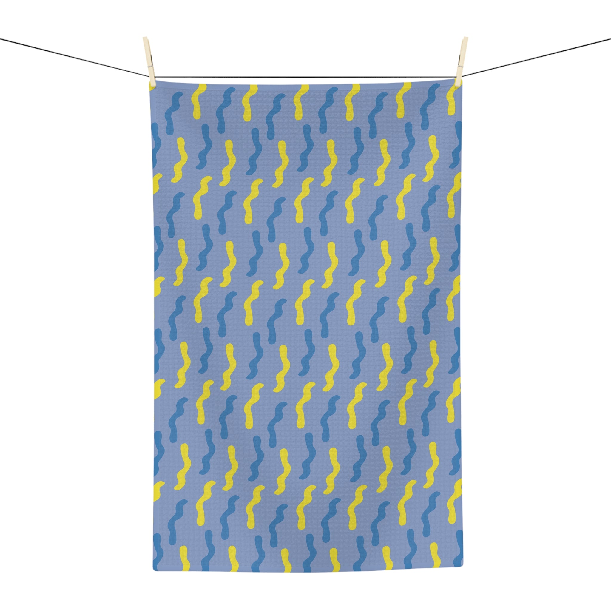 Abstract Wavy Blue Microfiber Tea Towel — Light Blue with Dark Blue & Yellow Lines