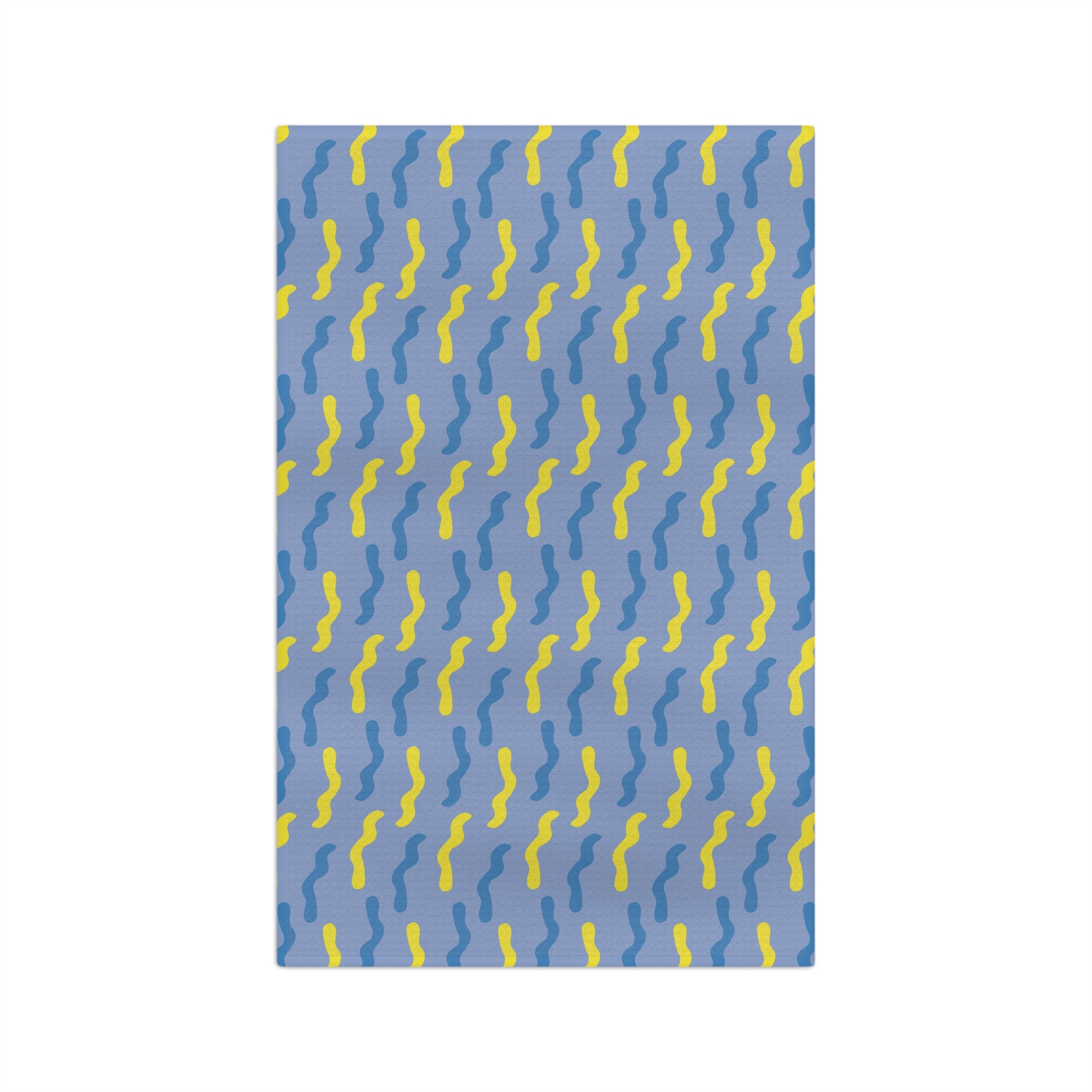 Abstract Wavy Blue Microfiber Tea Towel — Light Blue with Dark Blue & Yellow Lines