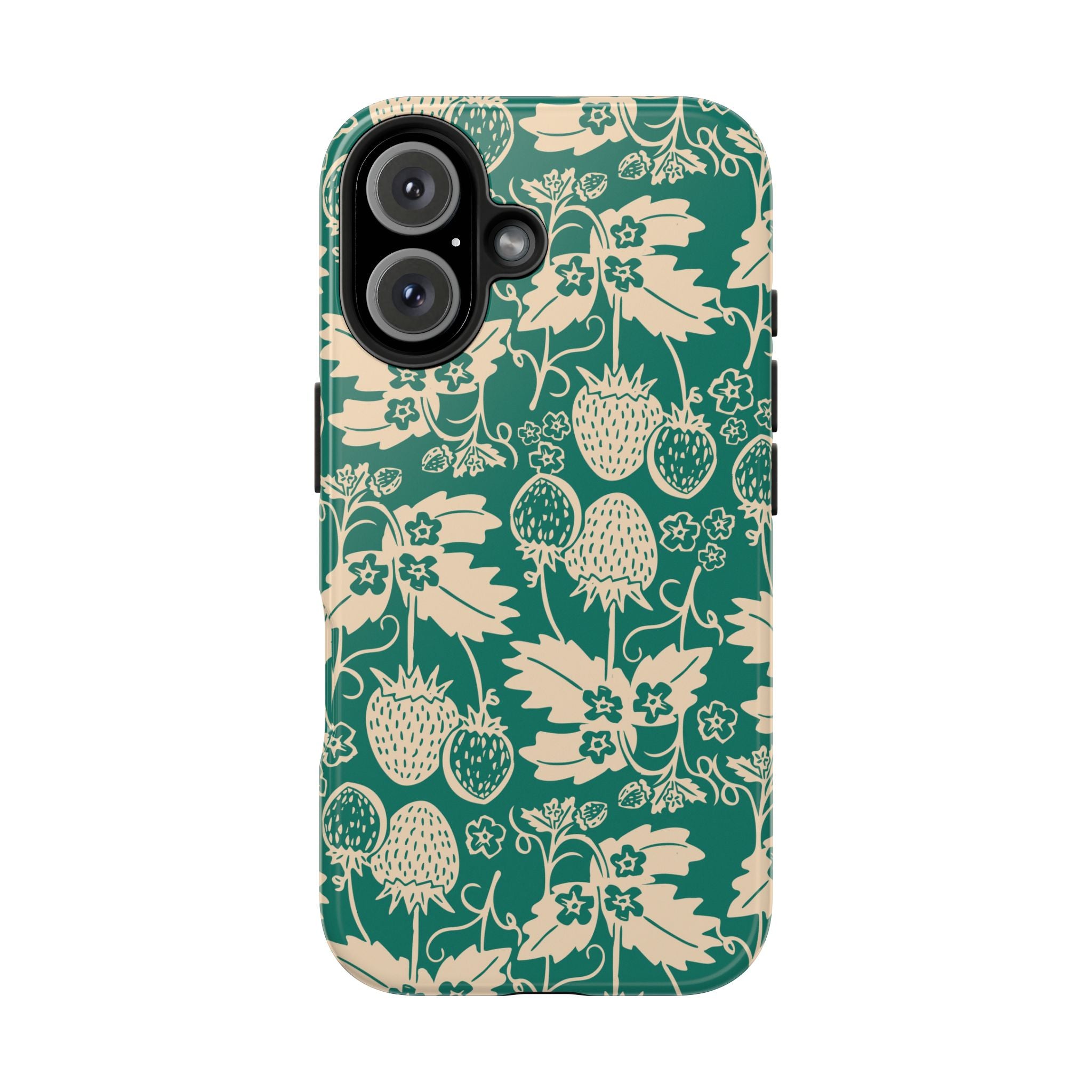 Floral Strawberry Tough Phone Case — Vintage Green Botanical Protection