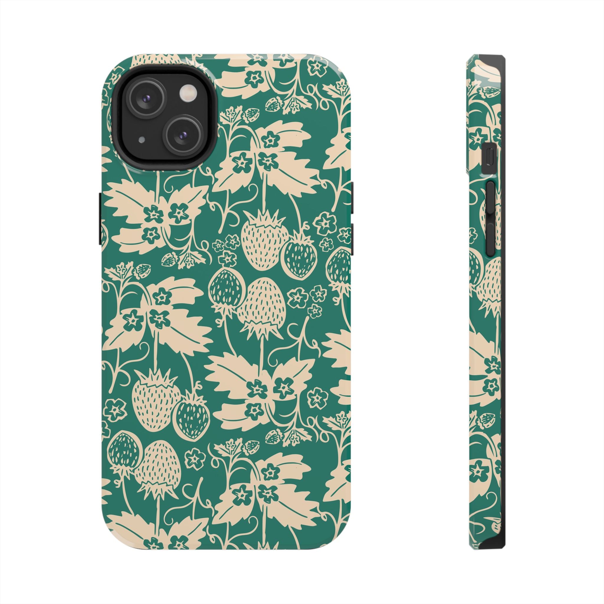 Floral Strawberry Tough Phone Case — Vintage Green Botanical Protection