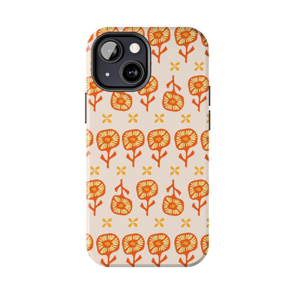 Retro Orange Floral Tough Phone Case — Durable Protective Phone Cover