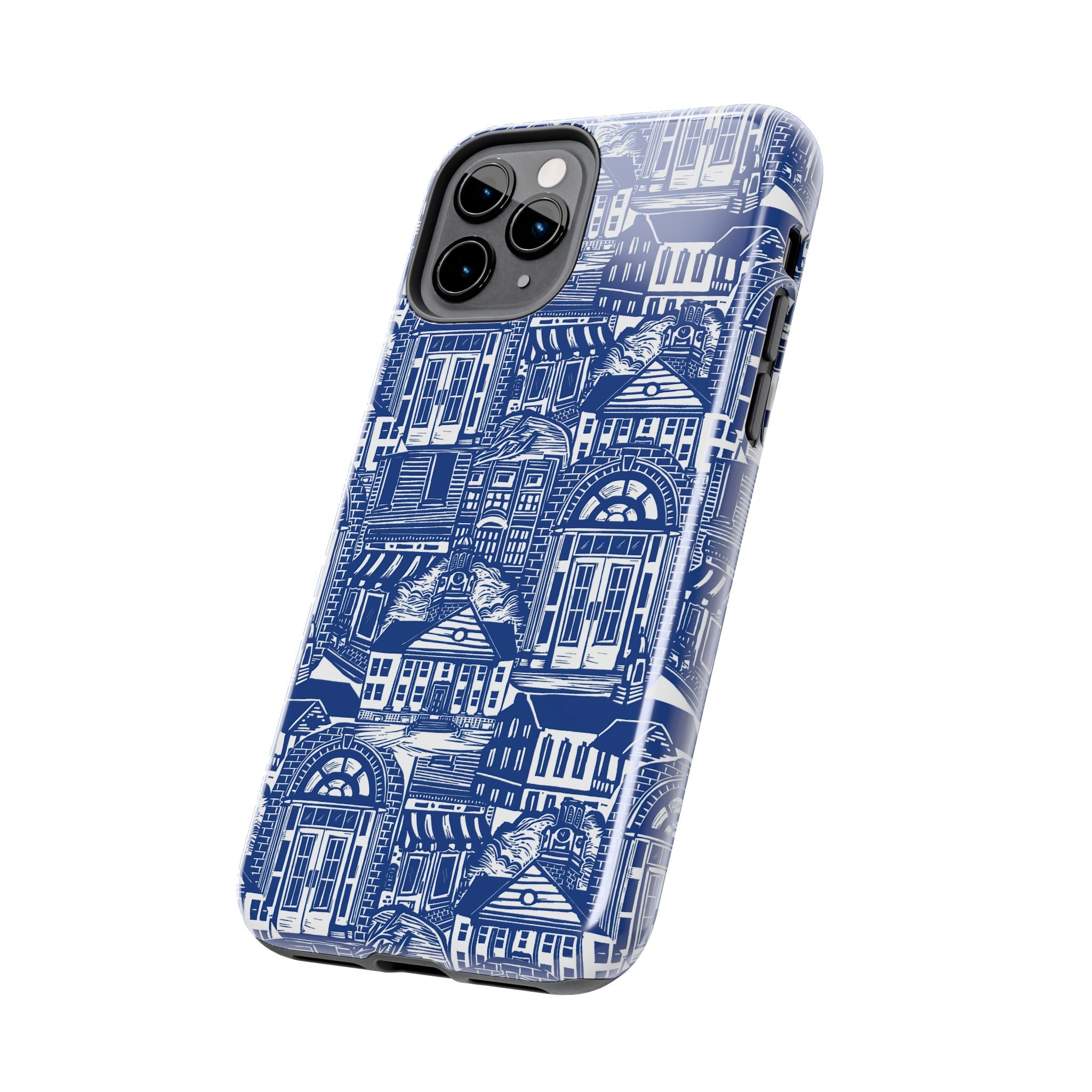 Doorway Cottage Pattern Tough Phone Case — Blue Architectural Houses Protective Cover