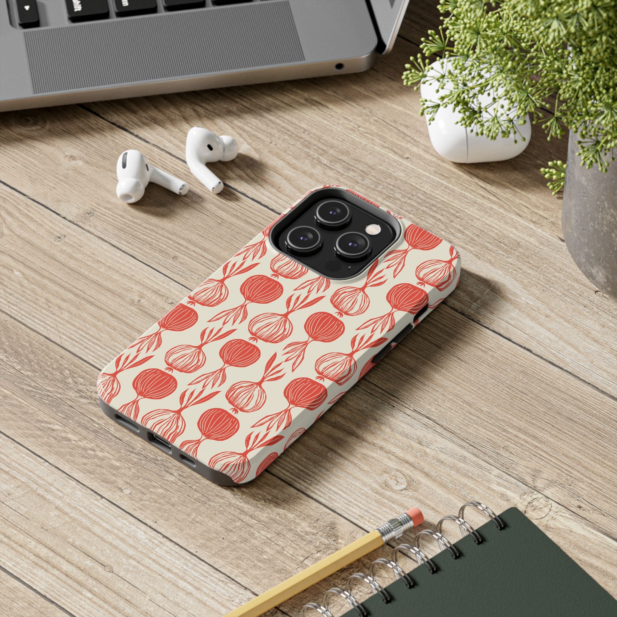 Floral Onion Pattern Tough Phone Case — Red Botanical Protective Phone Cover