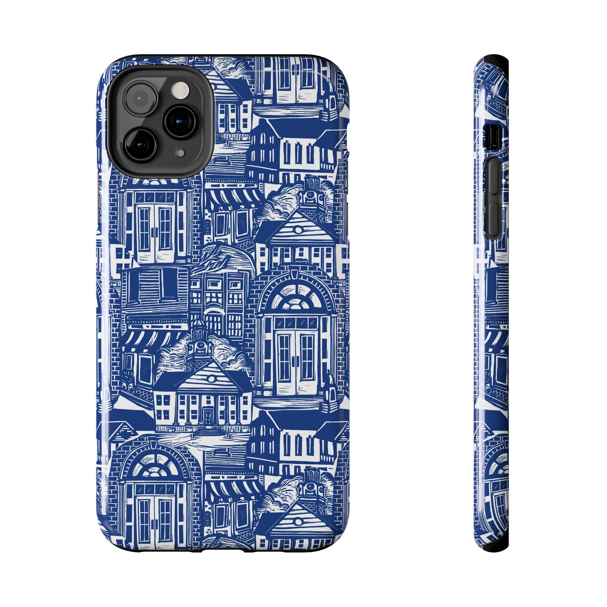 Doorway Cottage Pattern Tough Phone Case — Blue Architectural Houses Protective Cover