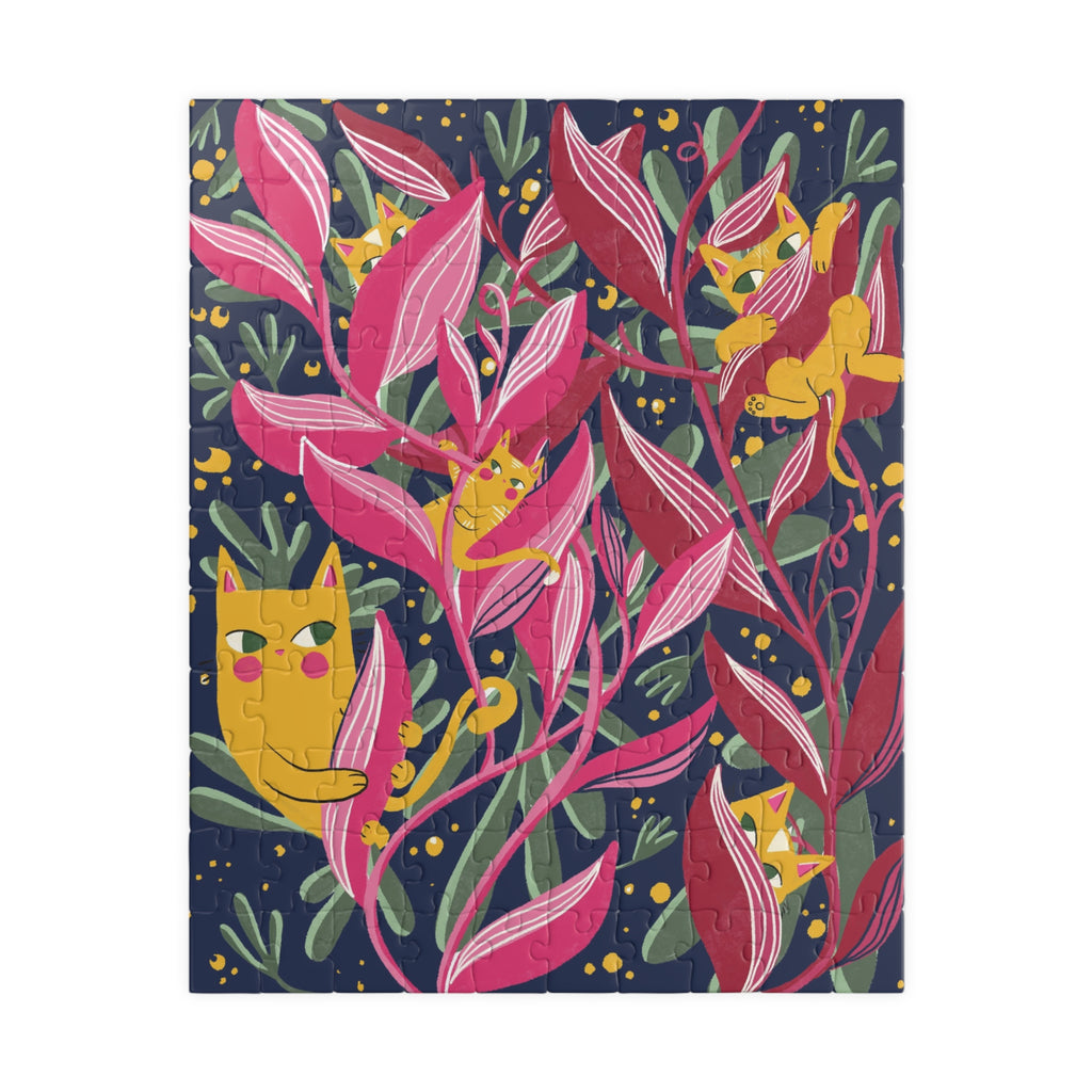 Floral Cats Jigsaw Puzzle — Vibrant Pink Leaves & Hidden Kittens (110–1014 pcs)