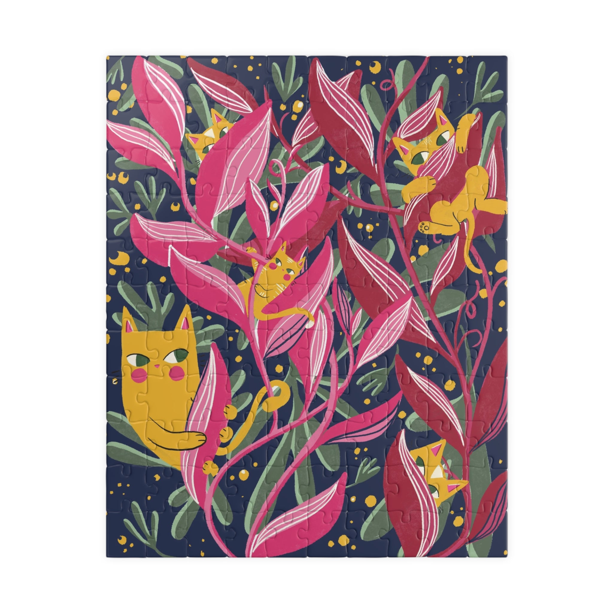 Floral Cats Jigsaw Puzzle — Vibrant Pink Leaves & Hidden Kittens (110–1014 pcs)