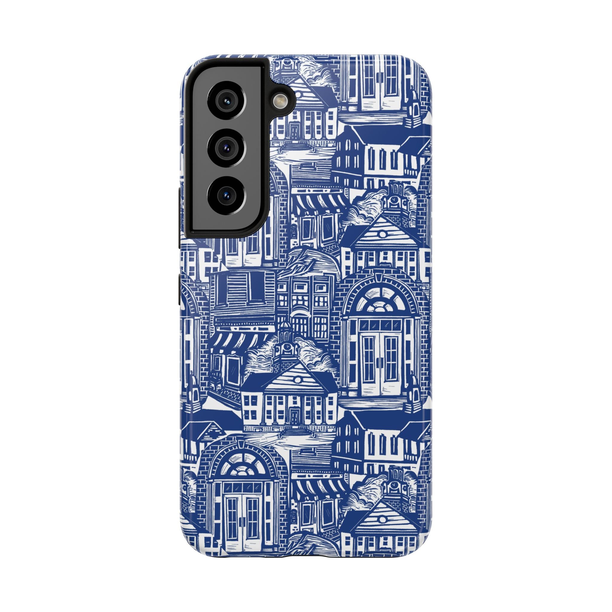 Doorway Cottage Pattern Tough Phone Case — Blue Architectural Houses Protective Cover