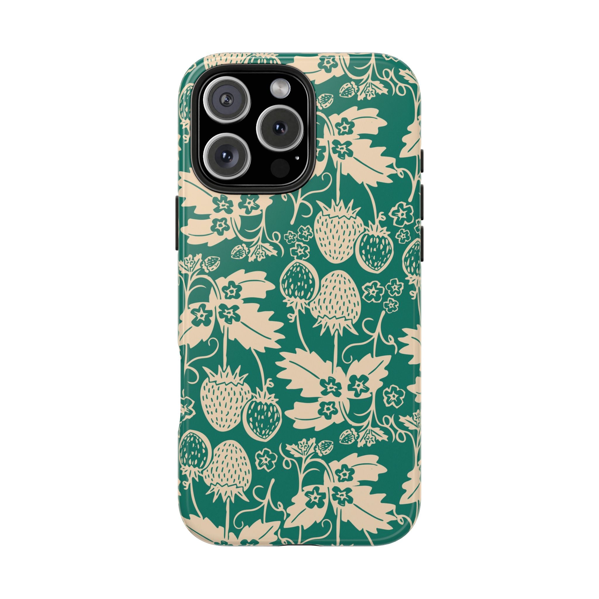 Floral Strawberry Tough Phone Case — Vintage Green Botanical Protection