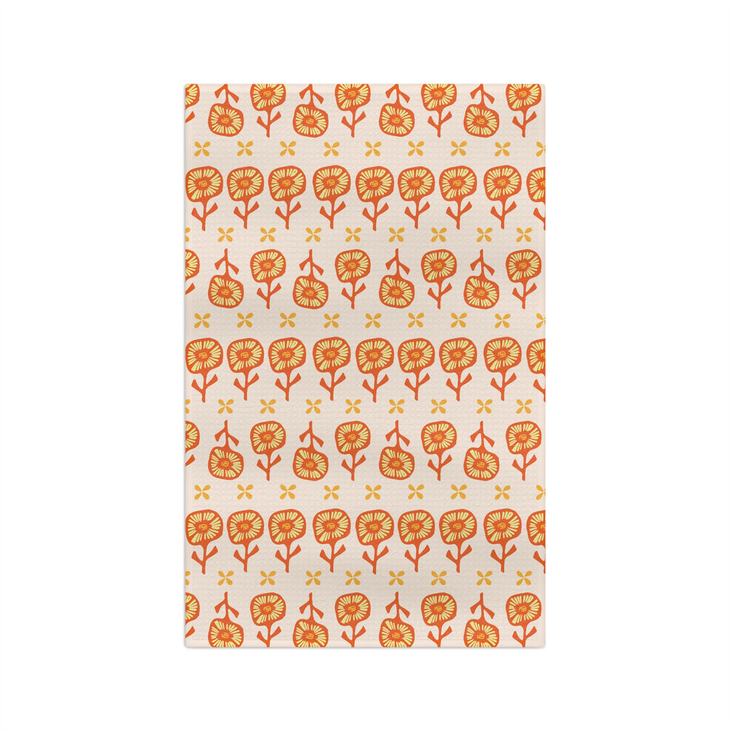 Orange Floral Pattern Tea Towel — Retro Botanical Microfiber Kitchen Towel