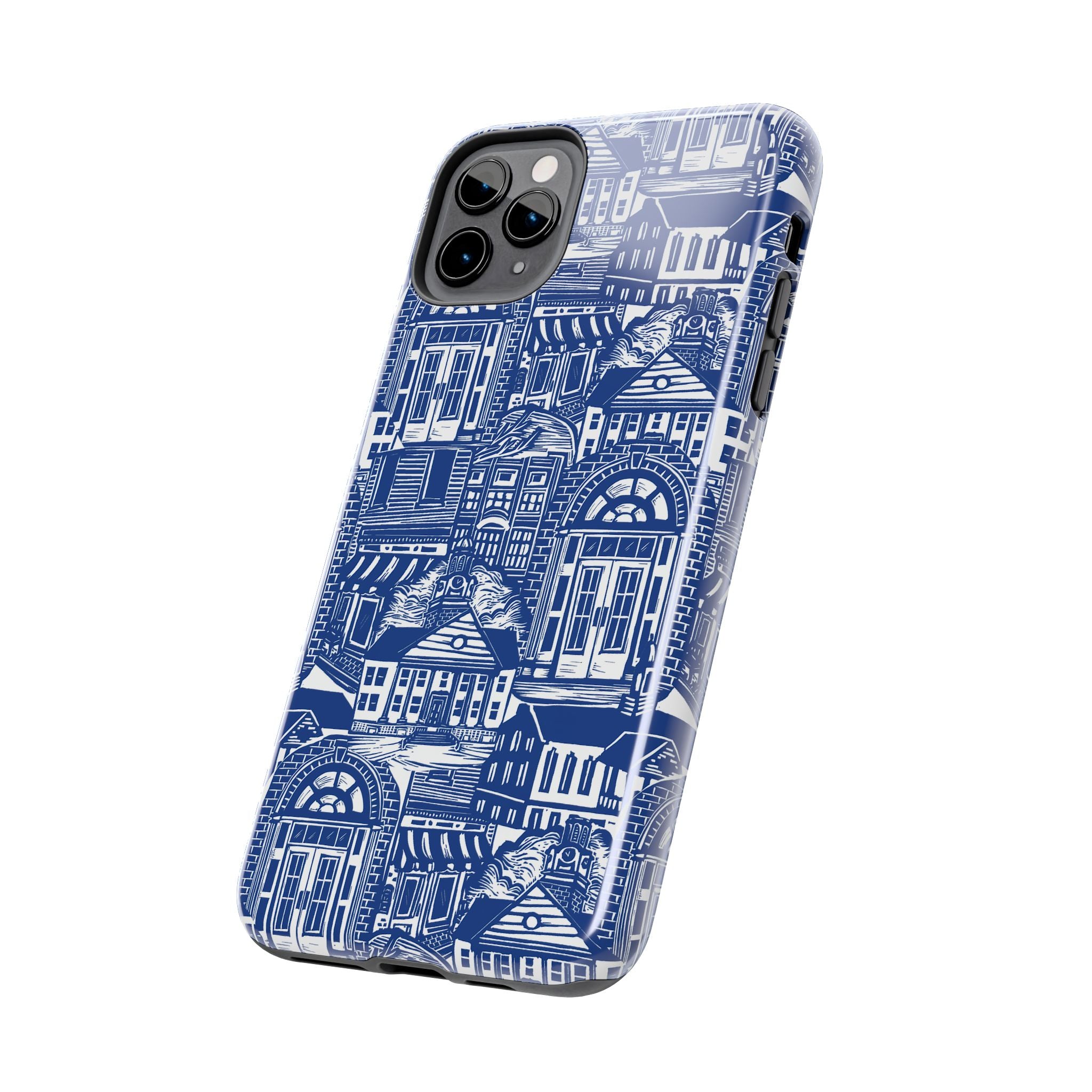 Doorway Cottage Pattern Tough Phone Case — Blue Architectural Houses Protective Cover