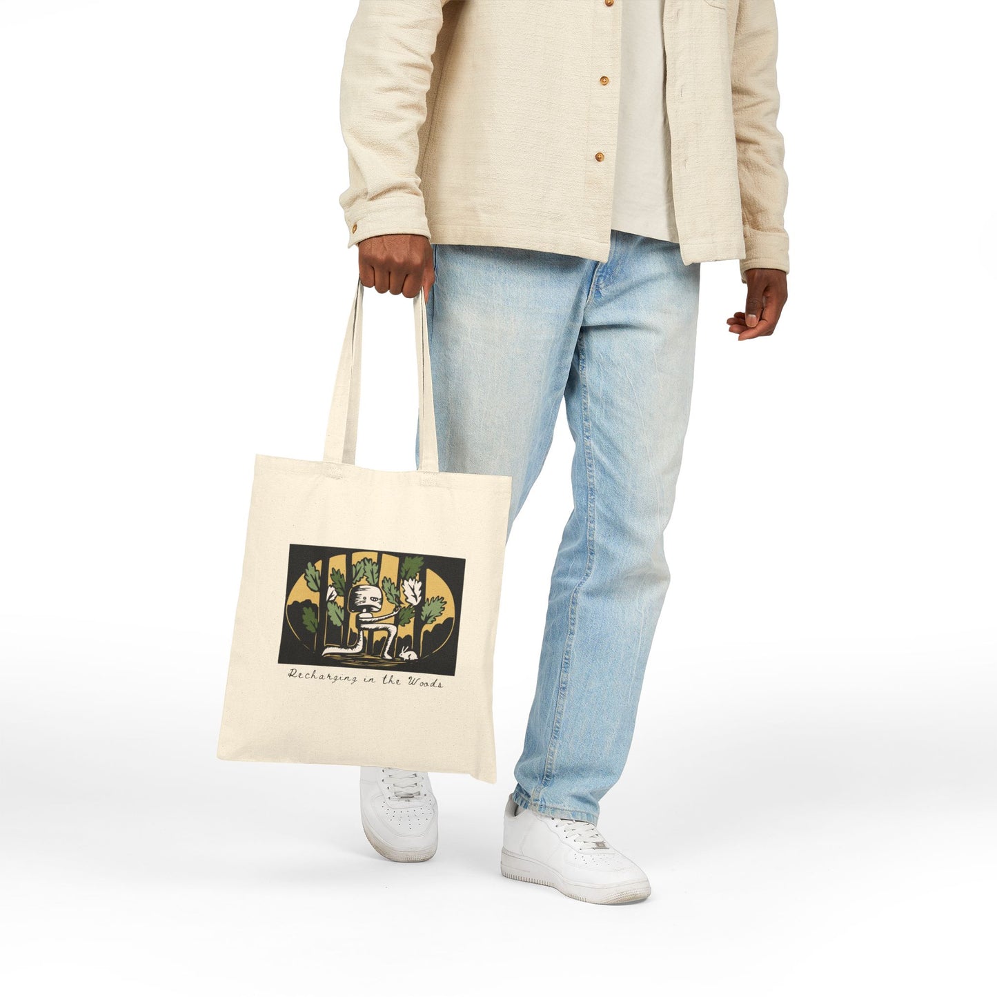 Cute Forest Robot Folk Art Tote Bag -  Whimsical Fantasy Forestcore Bag - Reboot - Recharging in the Woods