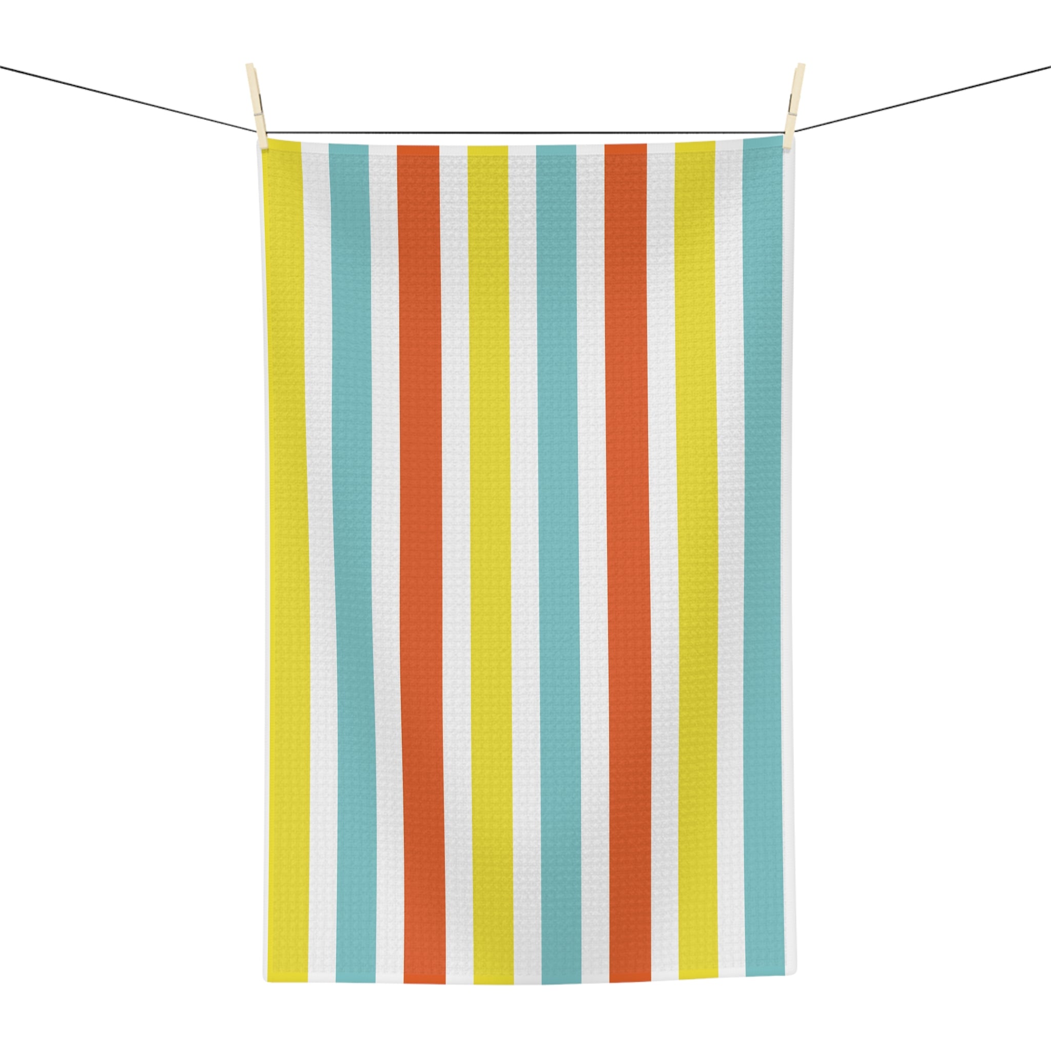 Striped Microfiber Tea Towel — Retro Coastal Blue, Coral & Yellow Kitchen Towel