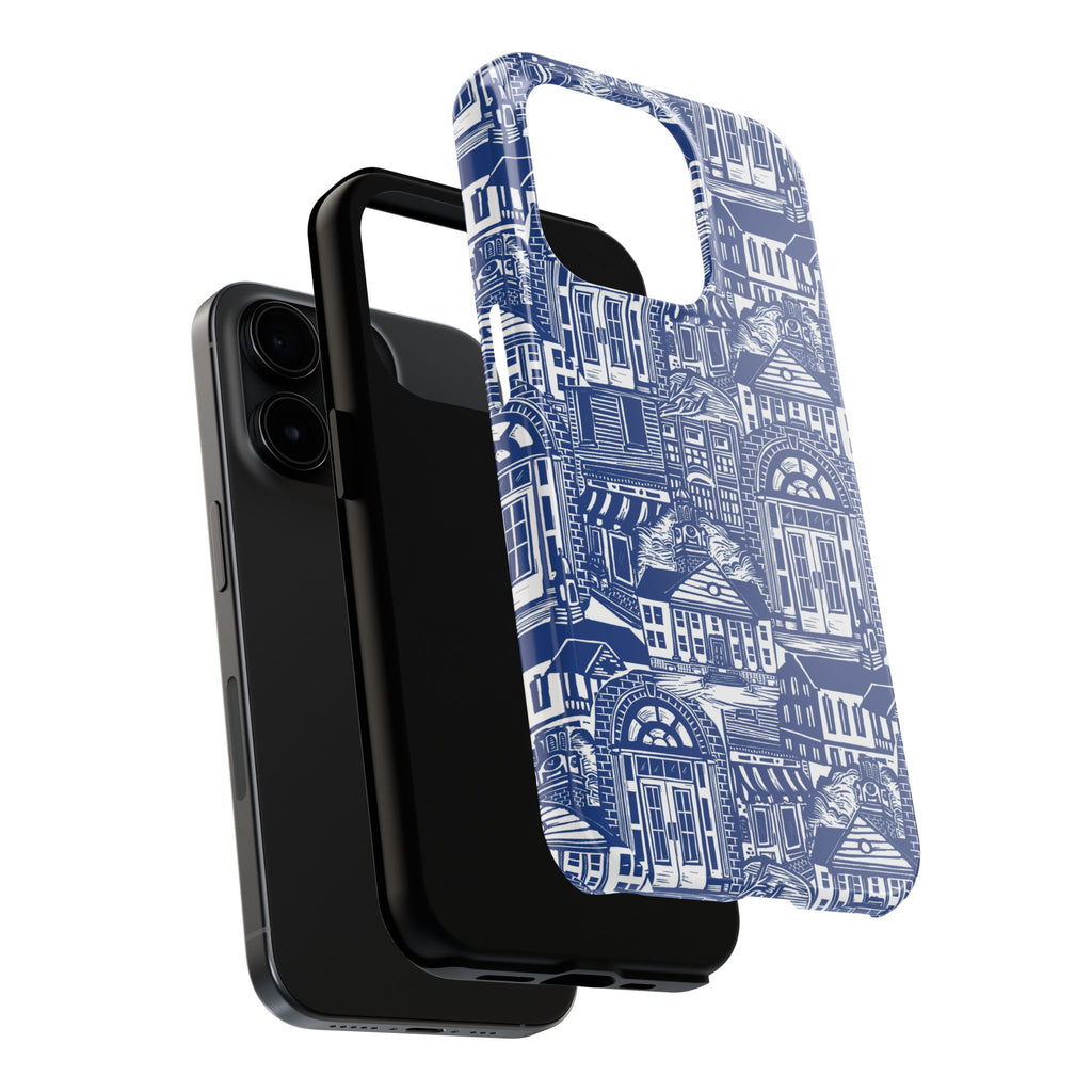 Doorway Cottage Pattern Tough Phone Case — Blue Architectural Houses Protective Cover