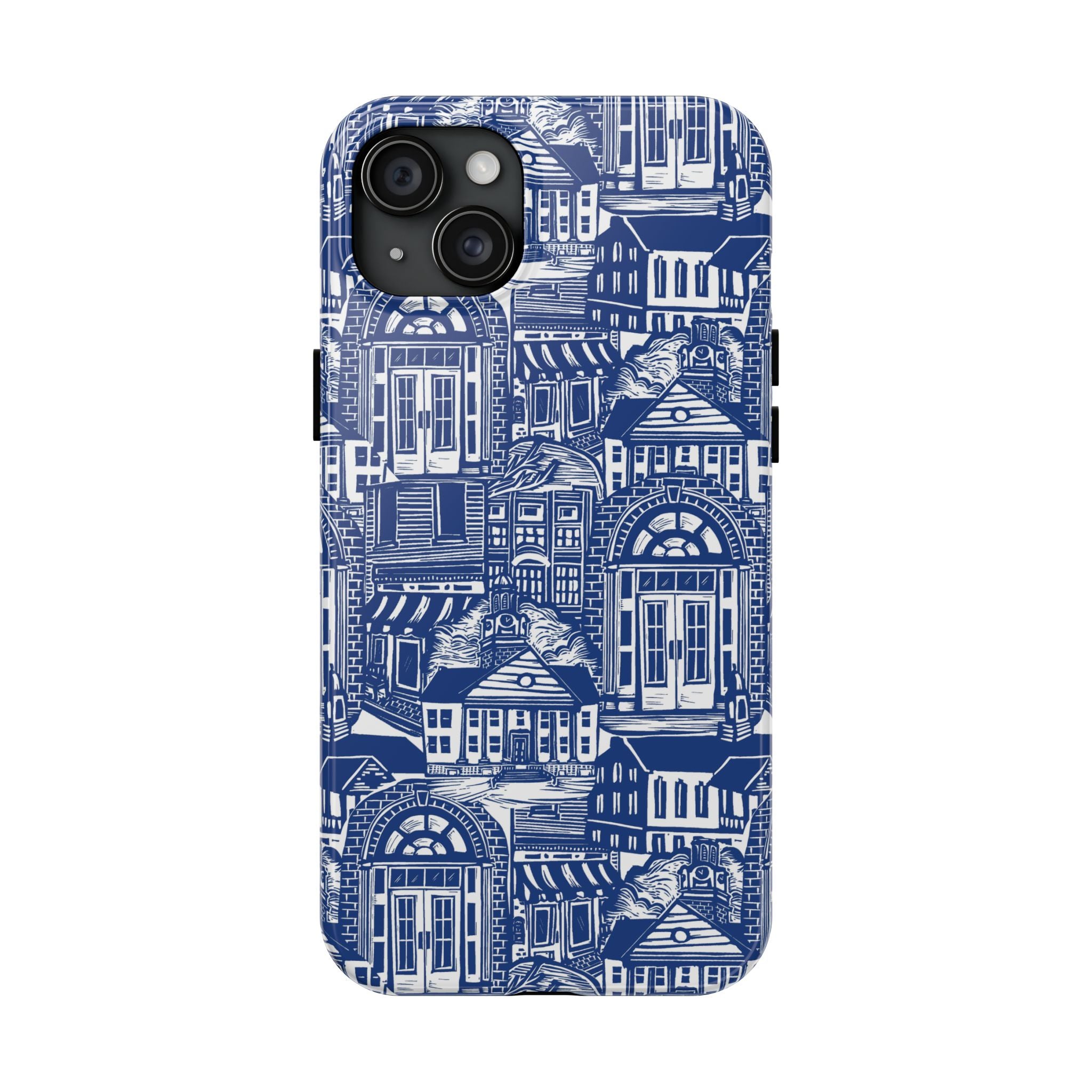 Doorway Cottage Pattern Tough Phone Case — Blue Architectural Houses Protective Cover