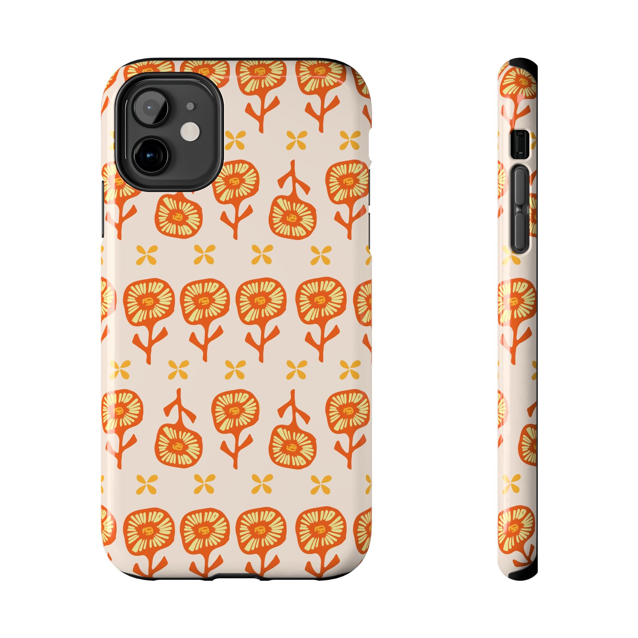 Retro Orange Floral Tough Phone Case — Durable Protective Phone Cover