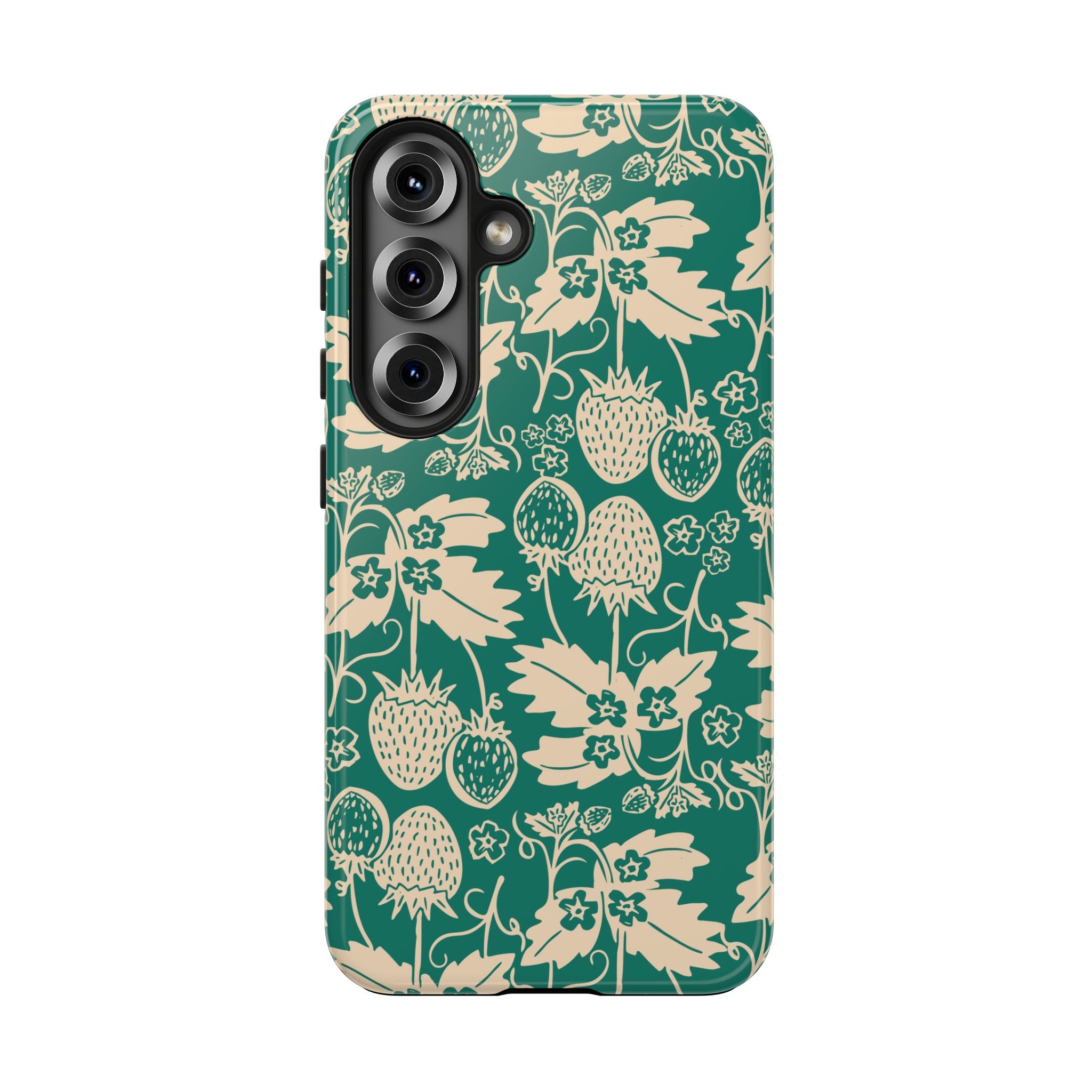 Floral Strawberry Tough Phone Case — Vintage Green Botanical Protection