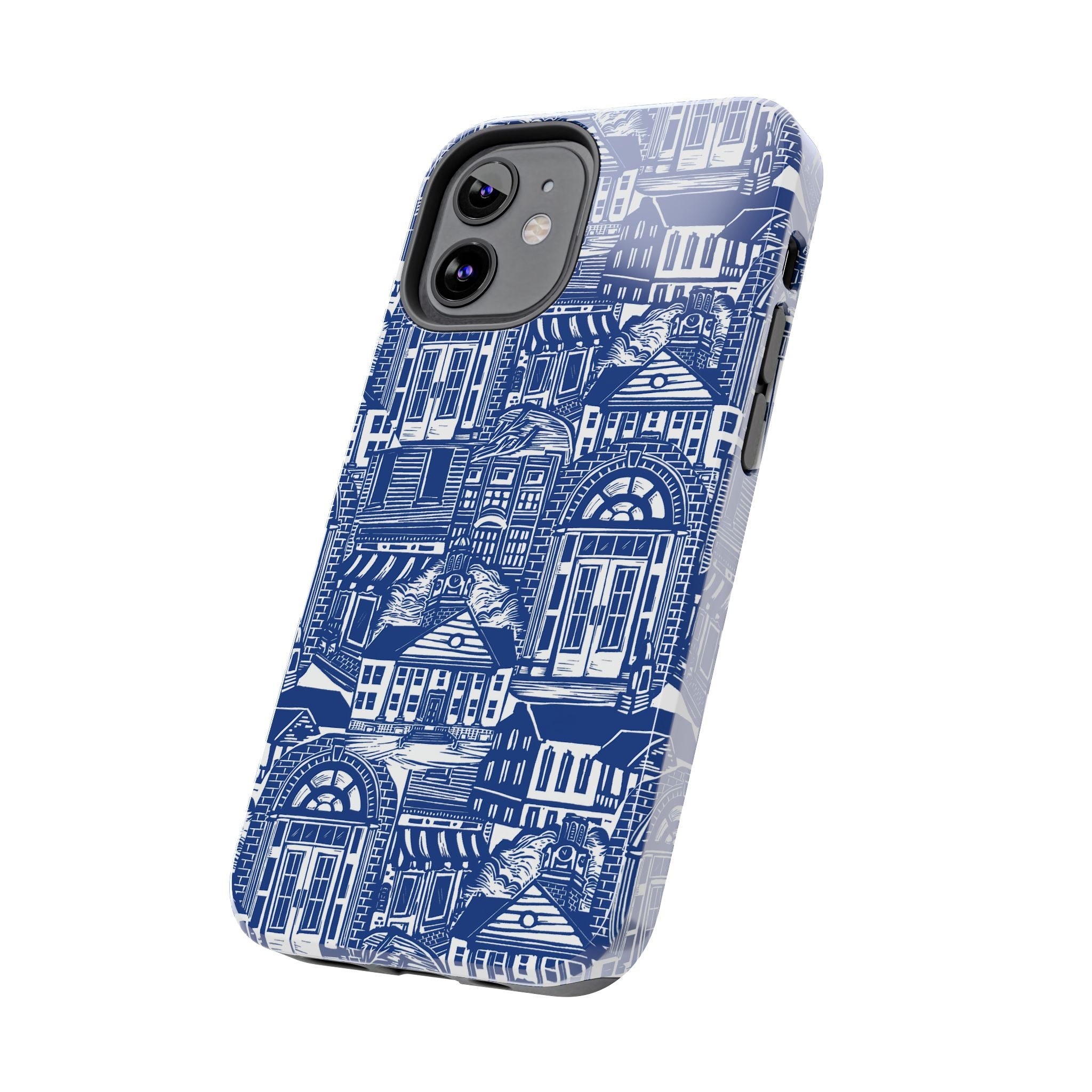 Doorway Cottage Pattern Tough Phone Case — Blue Architectural Houses Protective Cover