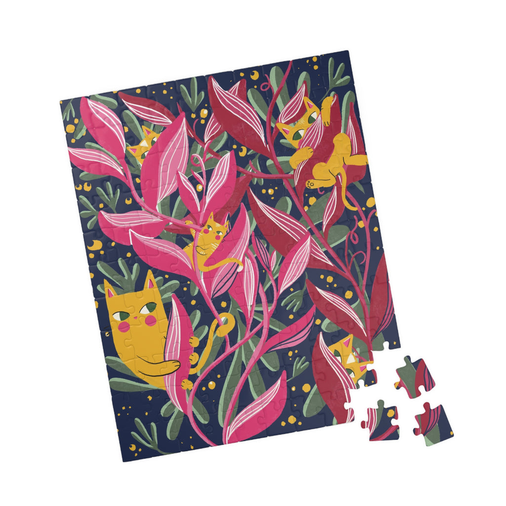 Floral Cats Jigsaw Puzzle — Vibrant Pink Leaves & Hidden Kittens (110–1014 pcs)