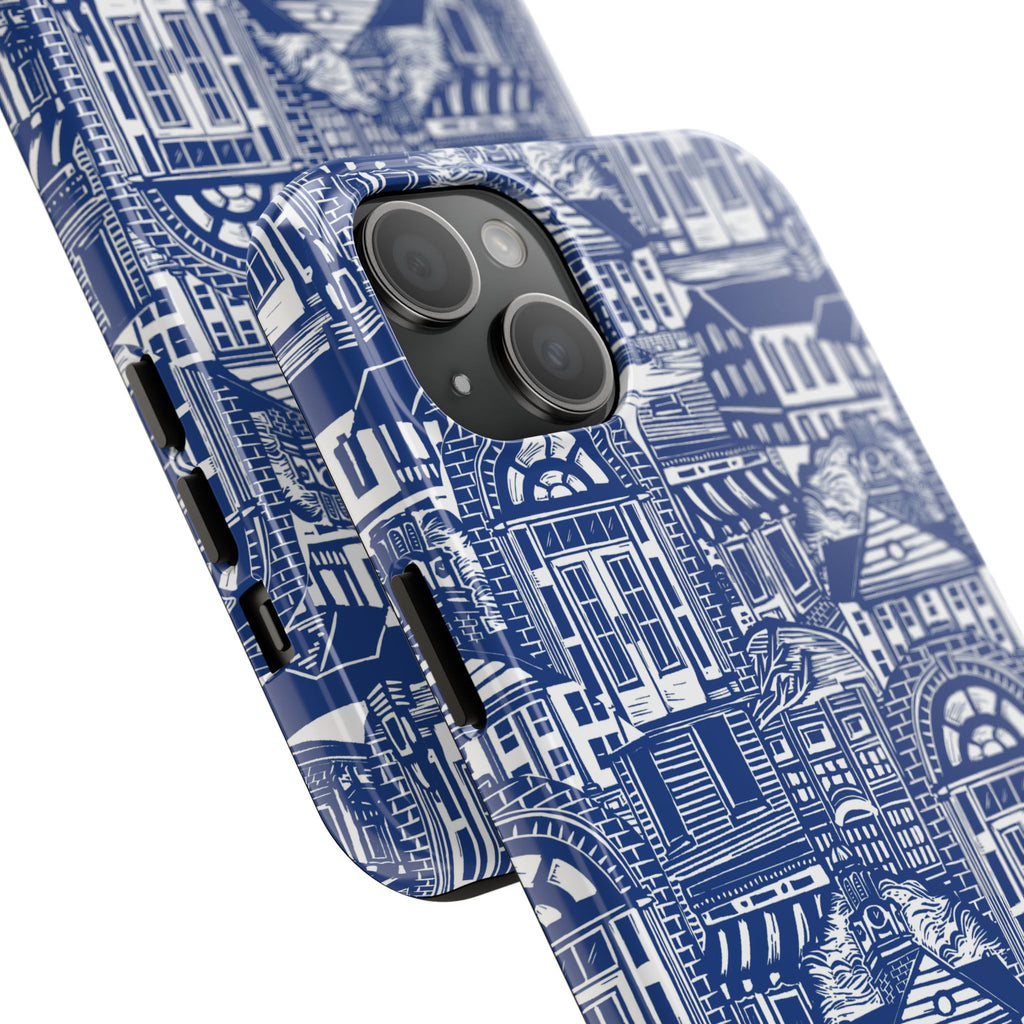 Doorway Cottage Pattern Tough Phone Case — Blue Architectural Houses Protective Cover