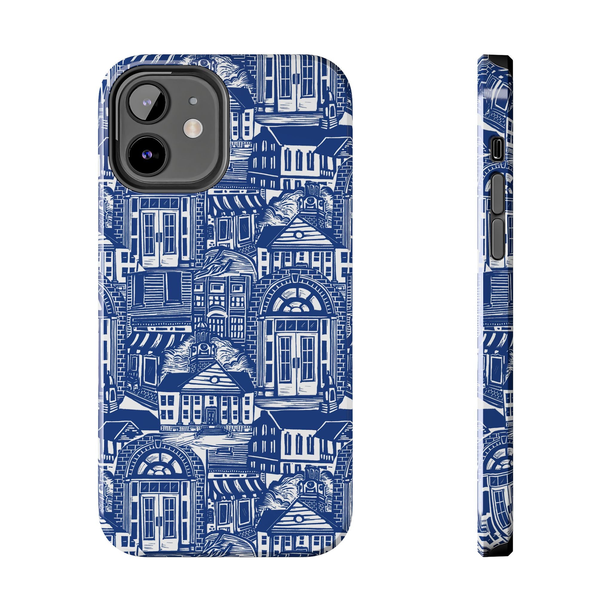 Doorway Cottage Pattern Tough Phone Case — Blue Architectural Houses Protective Cover