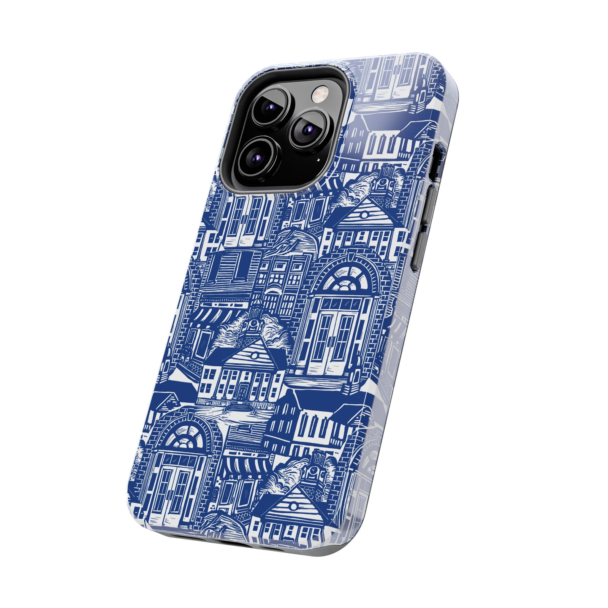 Doorway Cottage Pattern Tough Phone Case — Blue Architectural Houses Protective Cover