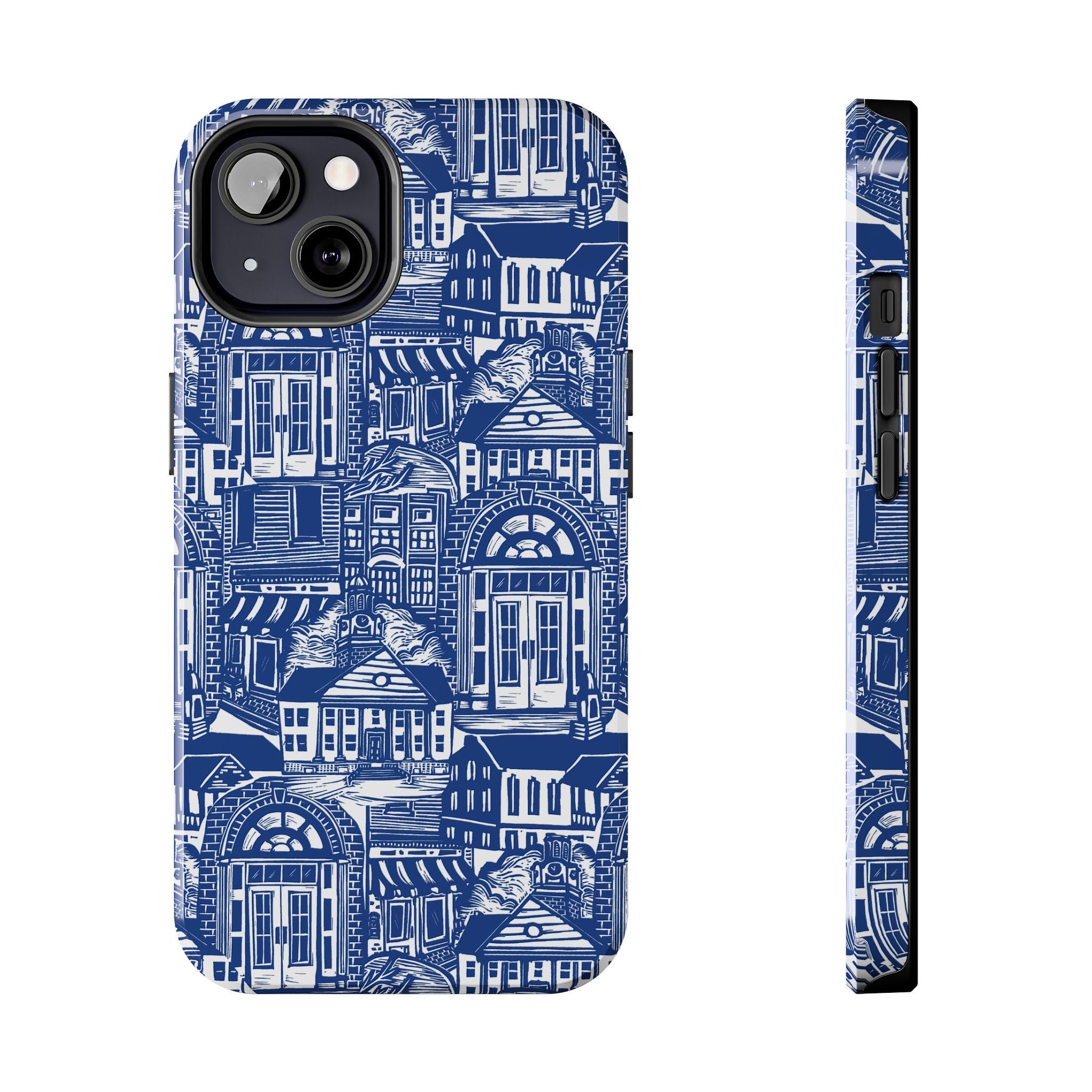 Doorway Cottage Pattern Tough Phone Case — Blue Architectural Houses Protective Cover