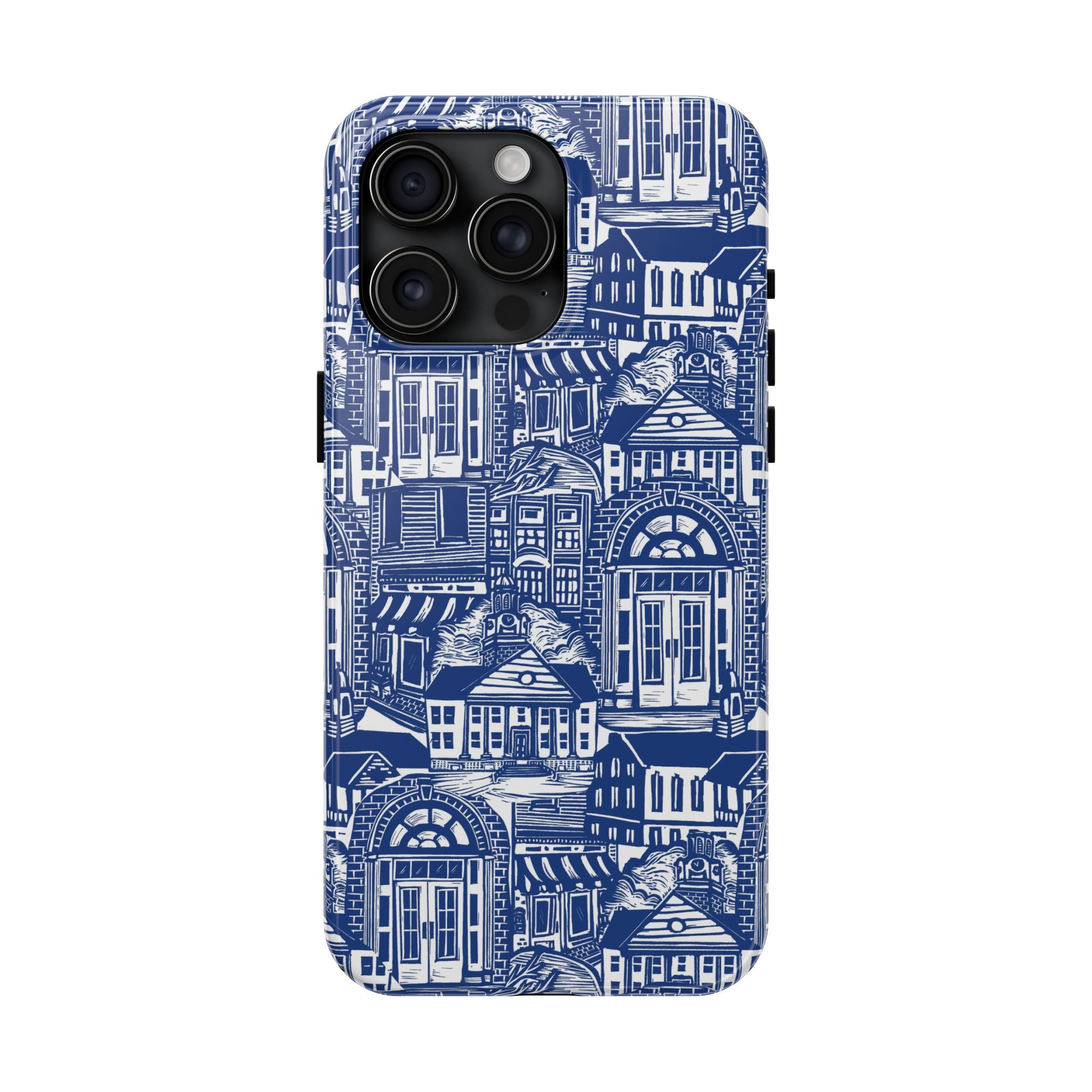 Doorway Cottage Pattern Tough Phone Case — Blue Architectural Houses Protective Cover