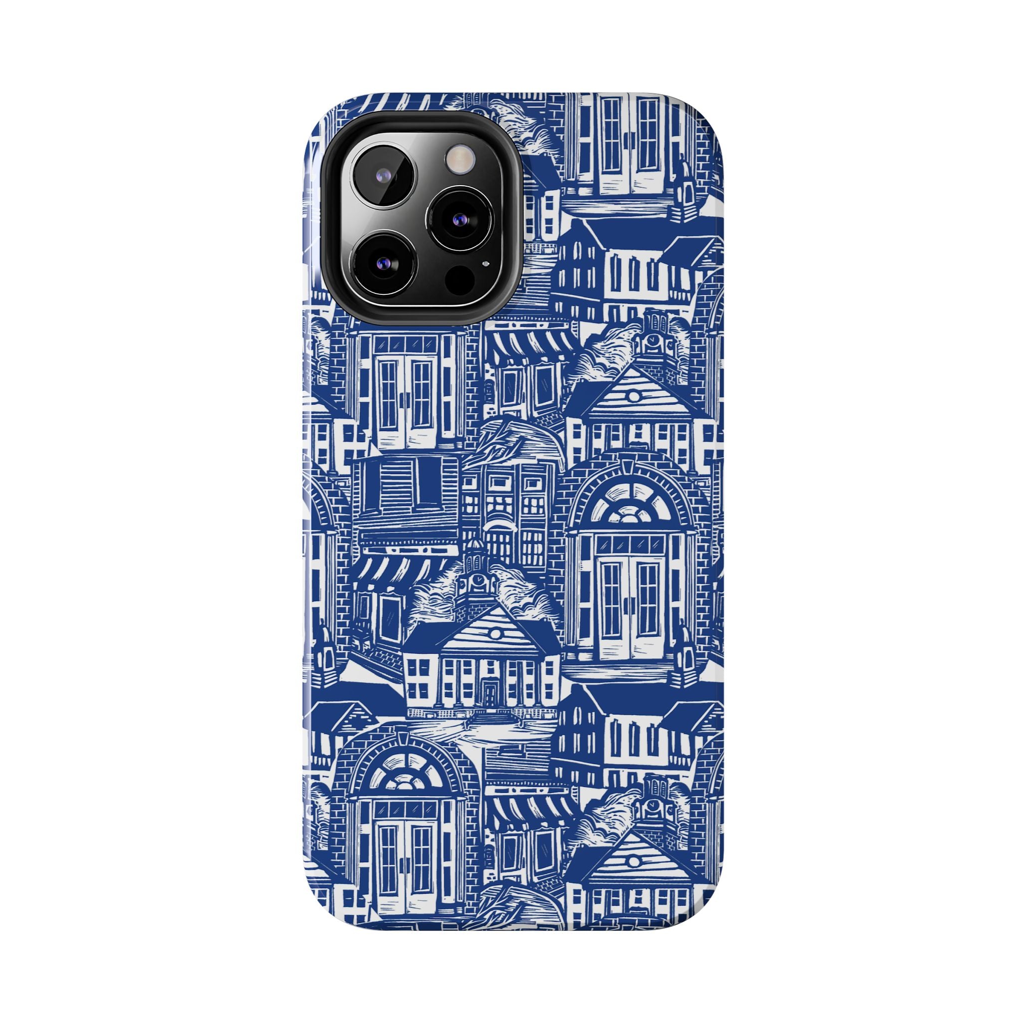 Doorway Cottage Pattern Tough Phone Case — Blue Architectural Houses Protective Cover