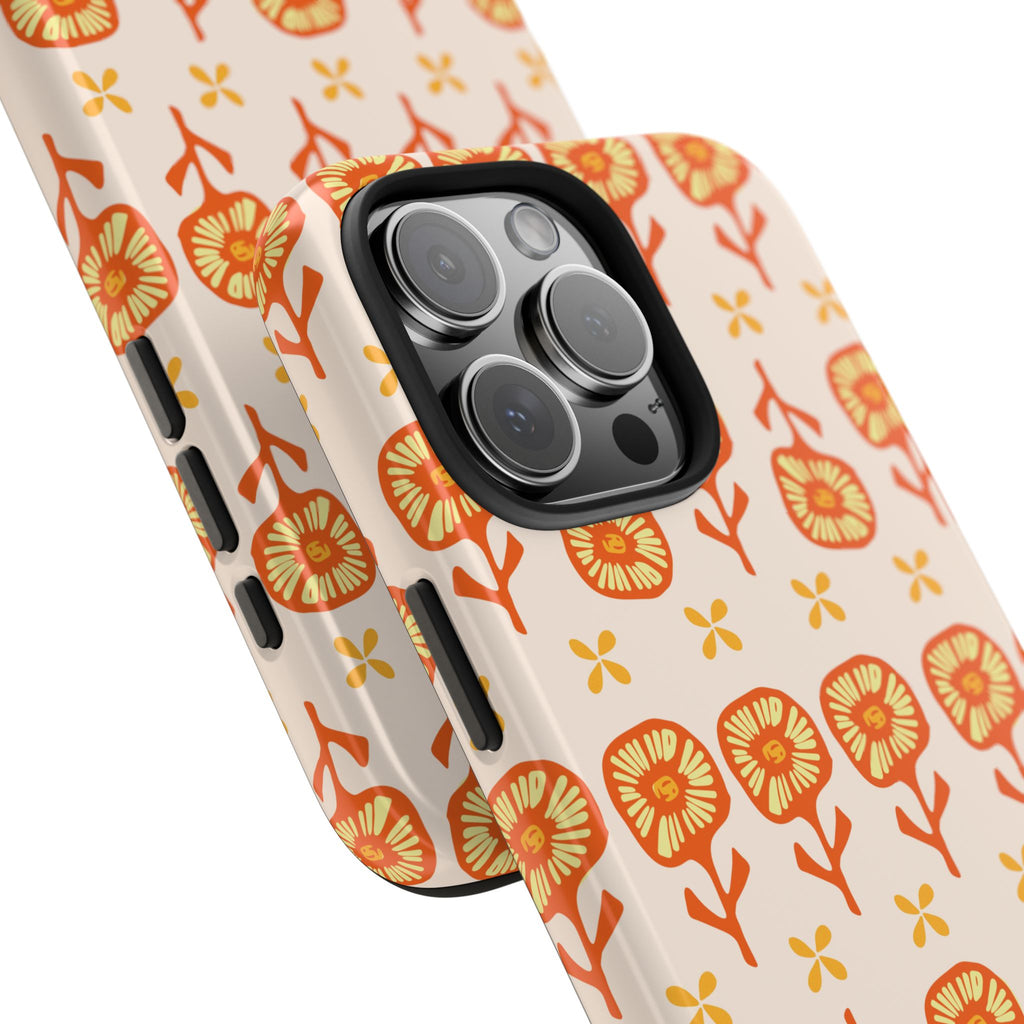 Retro Orange Floral Tough Phone Case — Durable Protective Phone Cover