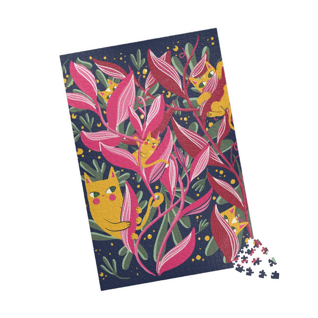 Floral Cats Jigsaw Puzzle — Vibrant Pink Leaves & Hidden Kittens (110–1014 pcs)