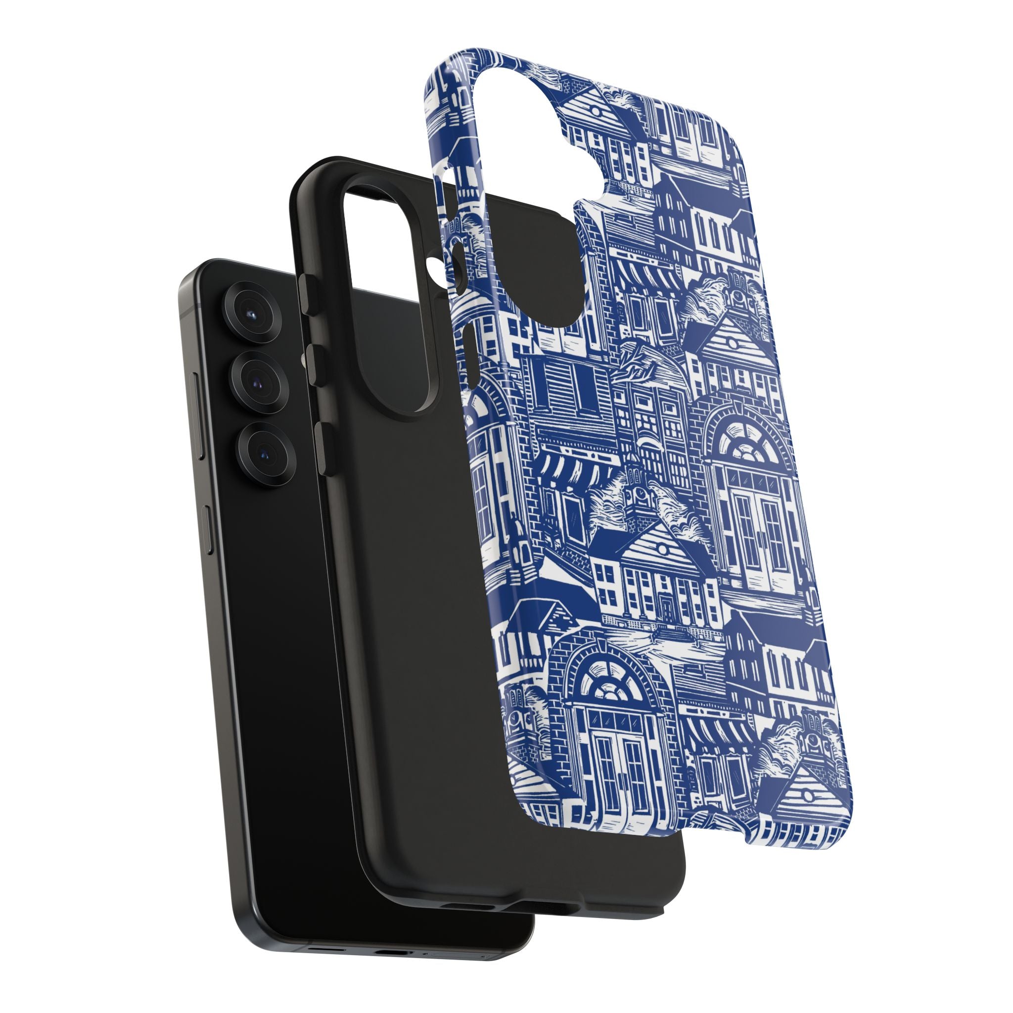 Doorway Cottage Pattern Tough Phone Case — Blue Architectural Houses Protective Cover