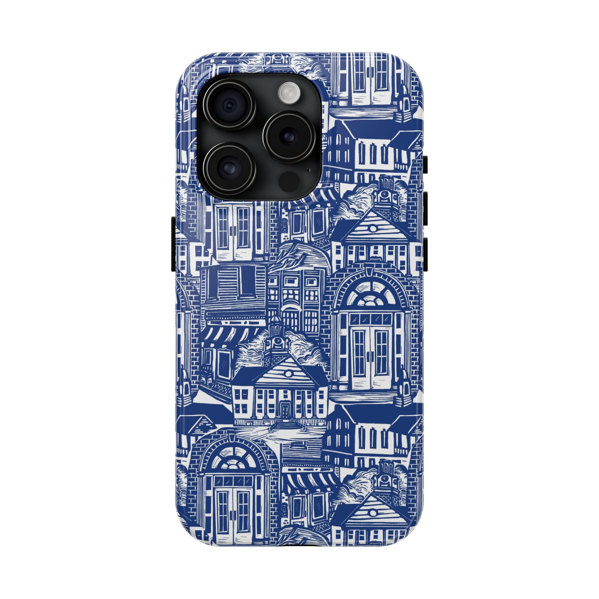Doorway Cottage Pattern Tough Phone Case — Blue Architectural Houses Protective Cover