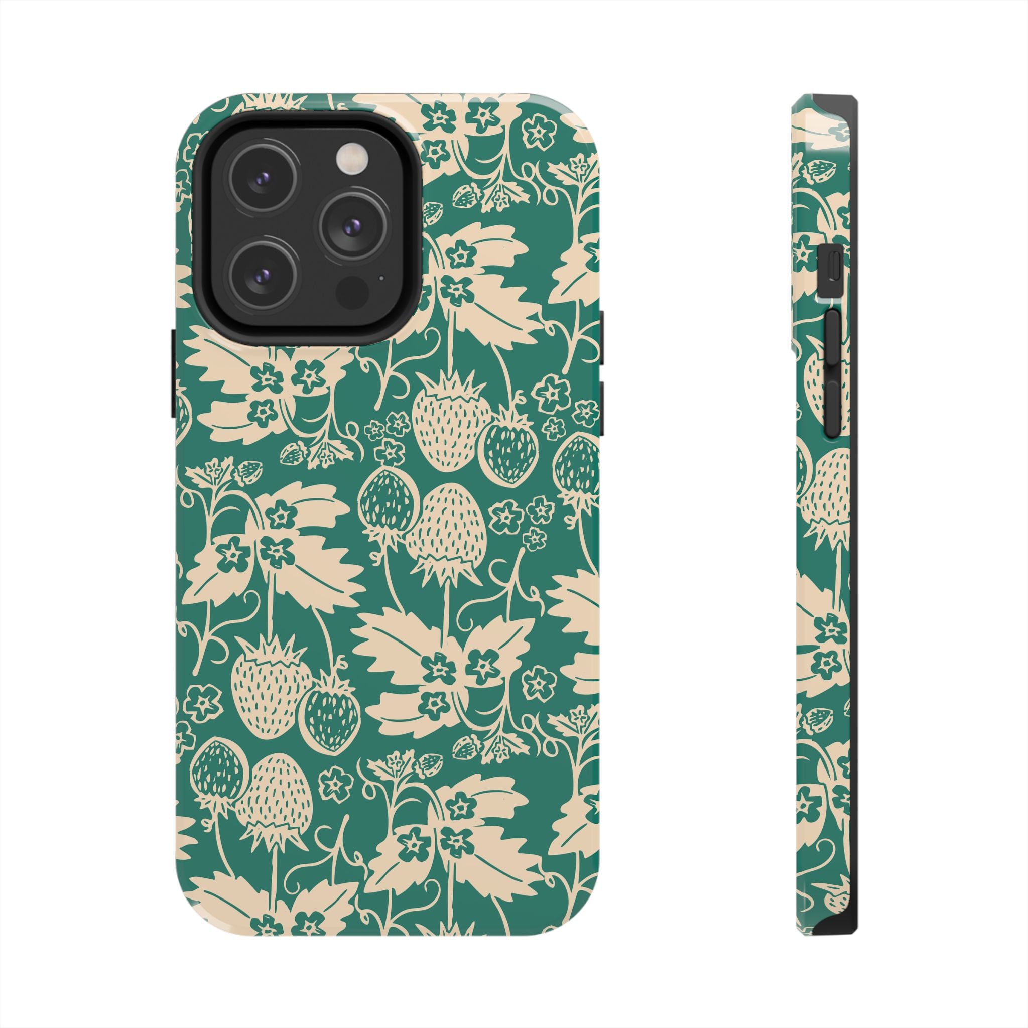 Floral Strawberry Tough Phone Case — Vintage Green Botanical Protection