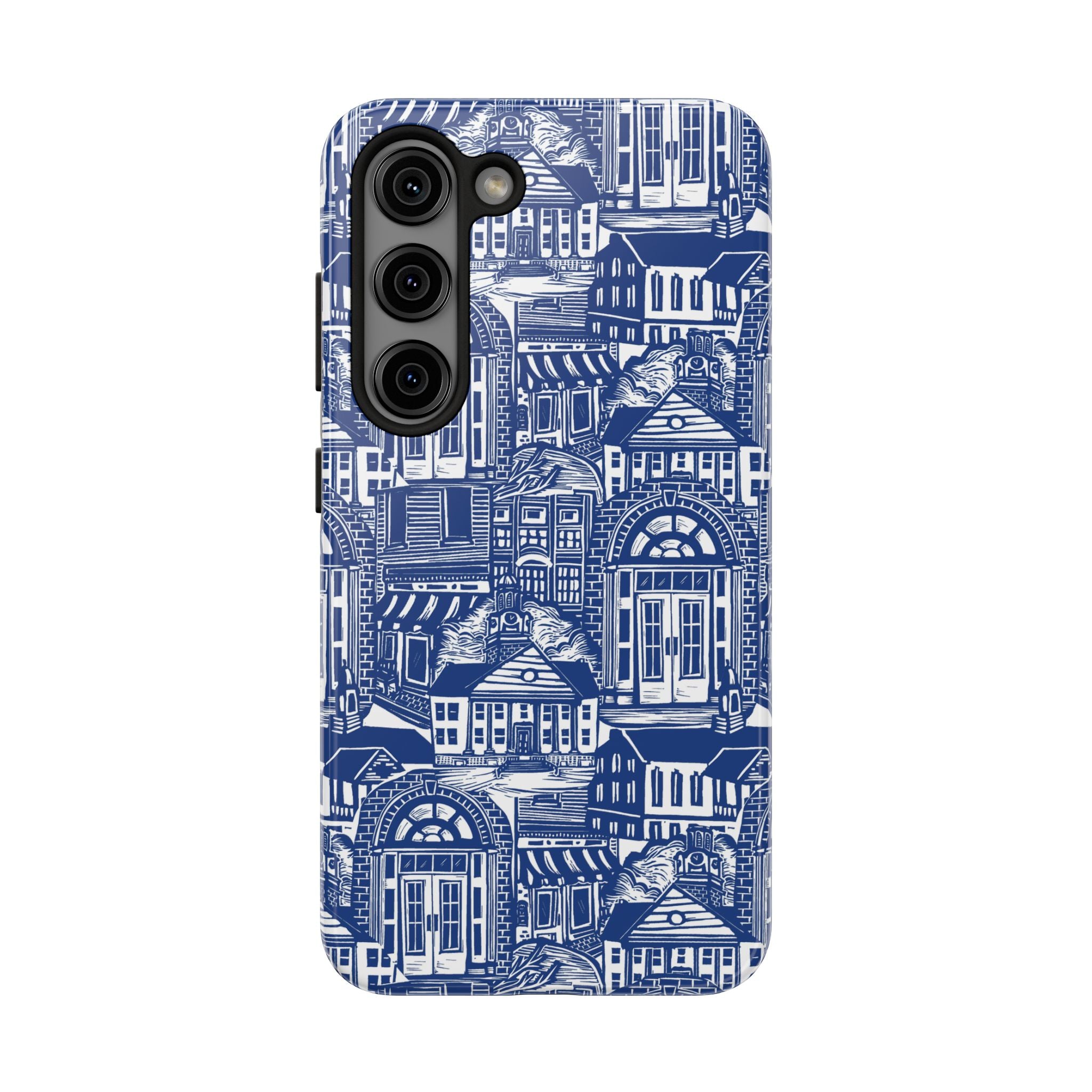 Doorway Cottage Pattern Tough Phone Case — Blue Architectural Houses Protective Cover