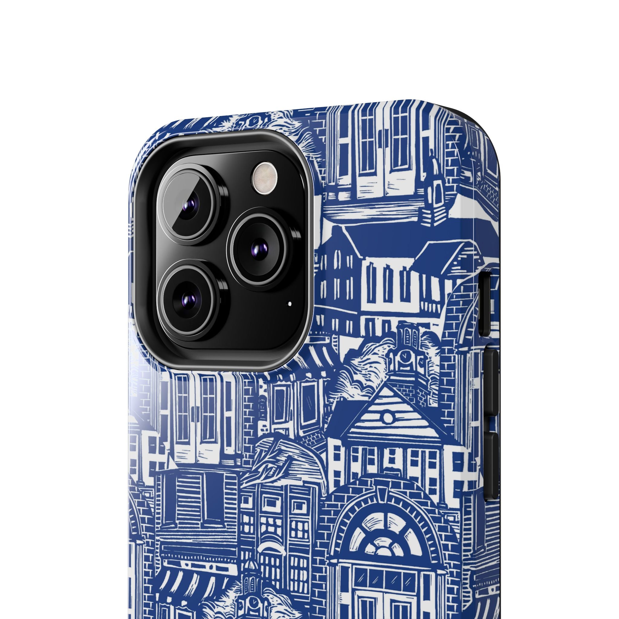 Doorway Cottage Pattern Tough Phone Case — Blue Architectural Houses Protective Cover