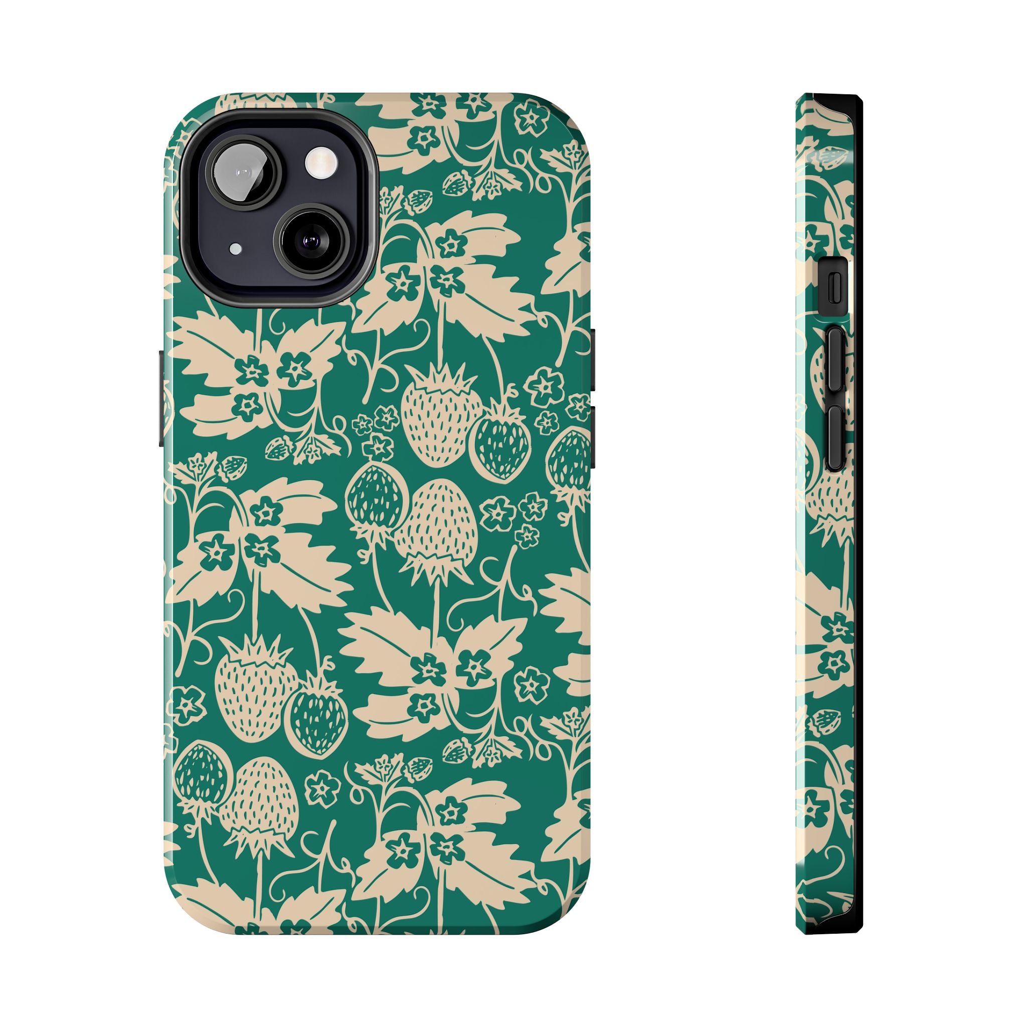 Floral Strawberry Tough Phone Case — Vintage Green Botanical Protection