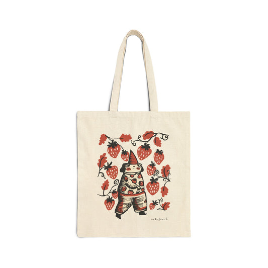 Cute Frog Gnome and Strawberry Graphic Cotton Canvas Tote Bag - Funny Tote Bags - Custom Tote Bags - Frogcore Goblincore Totes