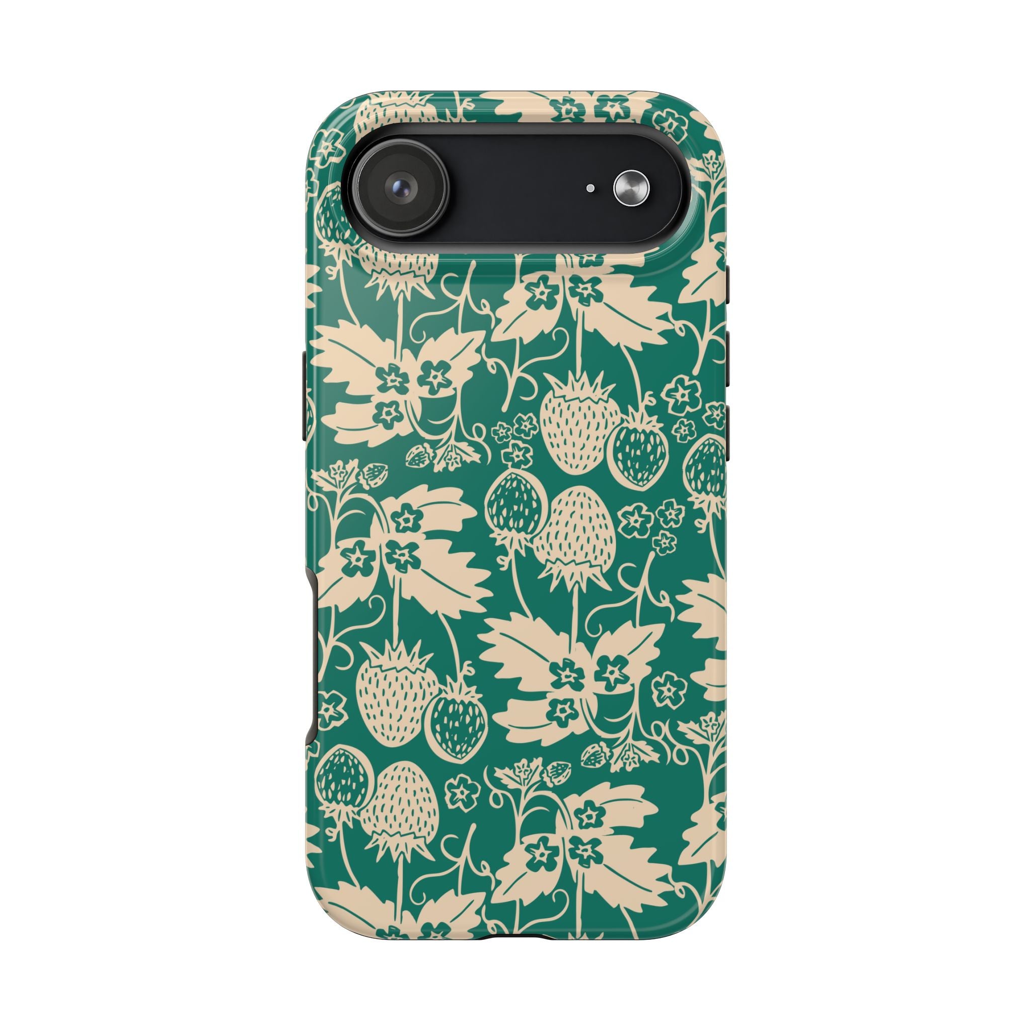 Floral Strawberry Tough Phone Case — Vintage Green Botanical Protection