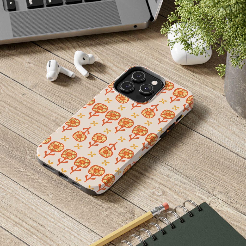 Retro Orange Floral Tough Phone Case — Durable Protective Phone Cover