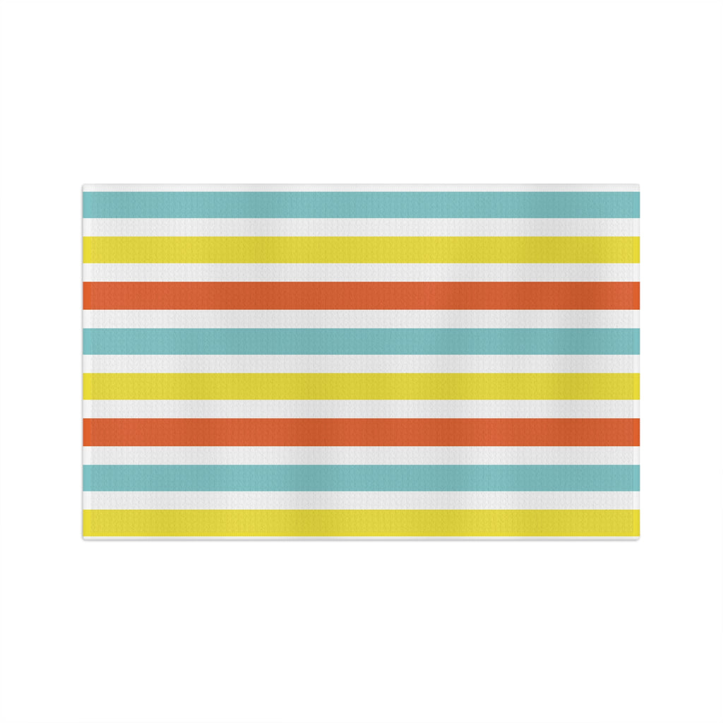 Striped Microfiber Tea Towel — Retro Coastal Blue, Coral & Yellow Kitchen Towel