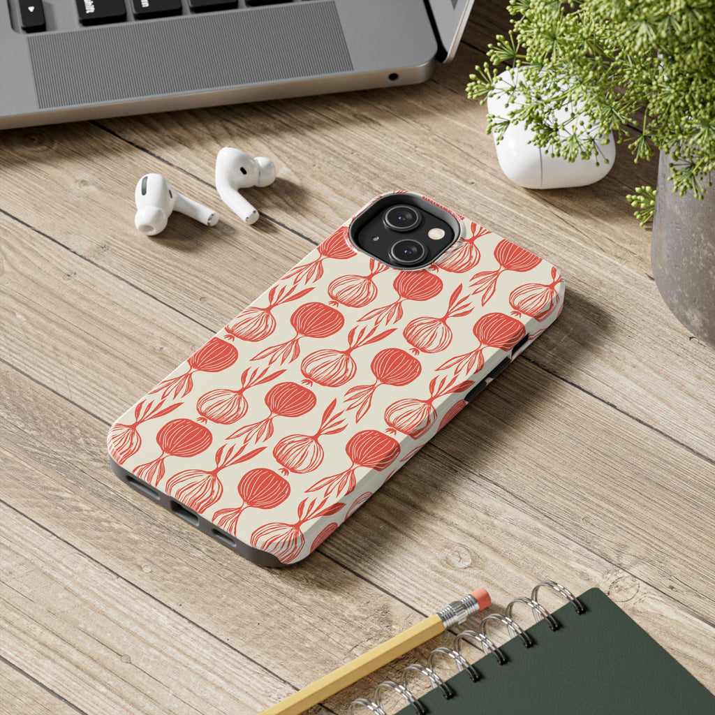 Floral Onion Pattern Tough Phone Case — Red Botanical Protective Phone Cover