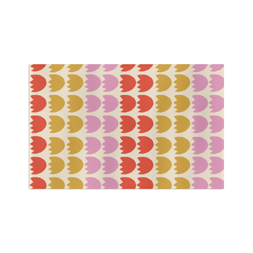 Tulip Pattern Microfiber Tea Towel — Retro Pink, Coral & Mustard Kitchen Towel