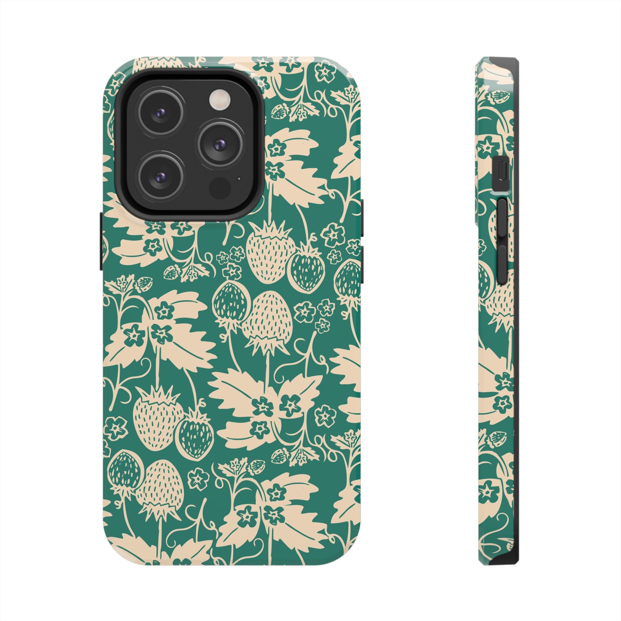 Floral Strawberry Tough Phone Case — Vintage Green Botanical Protection