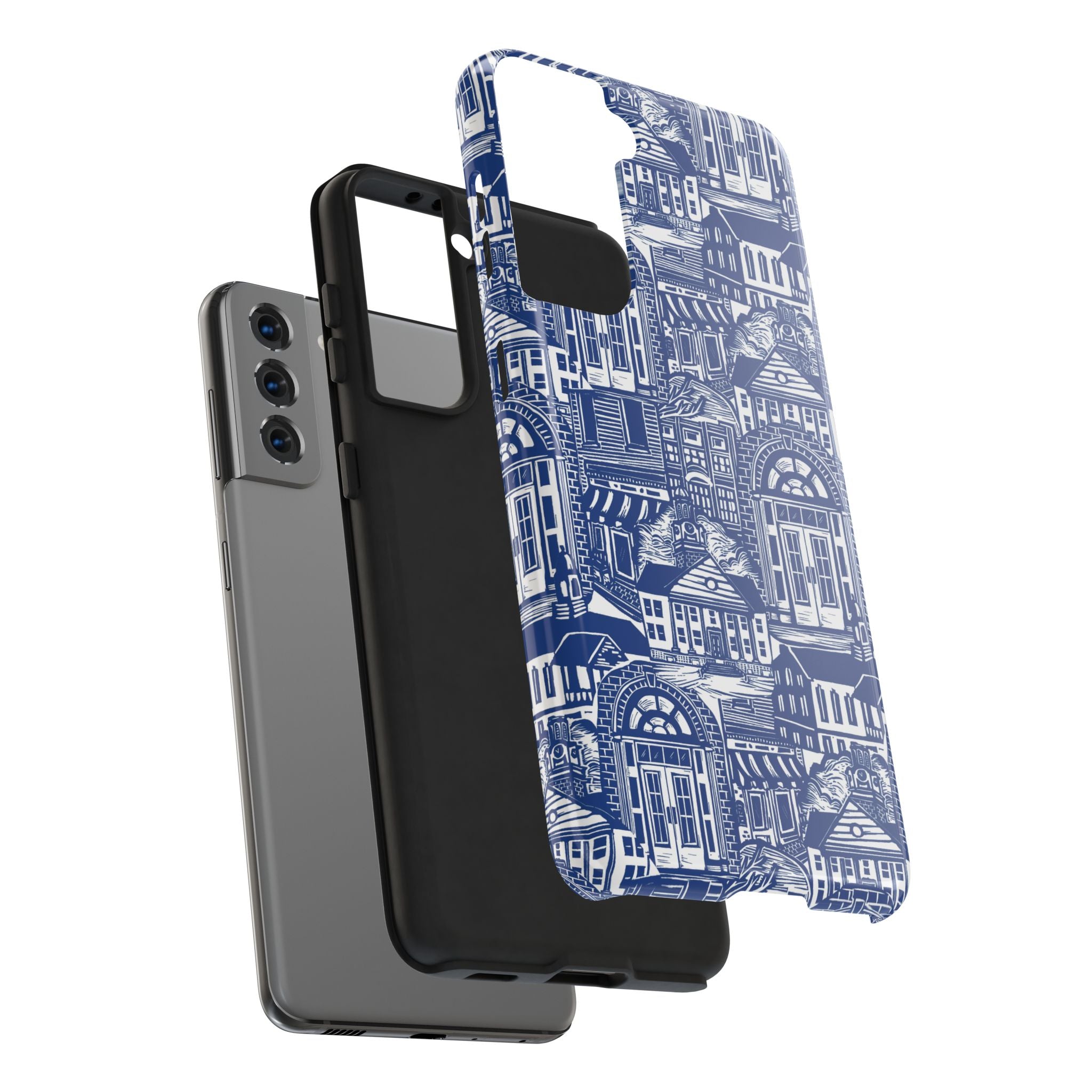 Doorway Cottage Pattern Tough Phone Case — Blue Architectural Houses Protective Cover