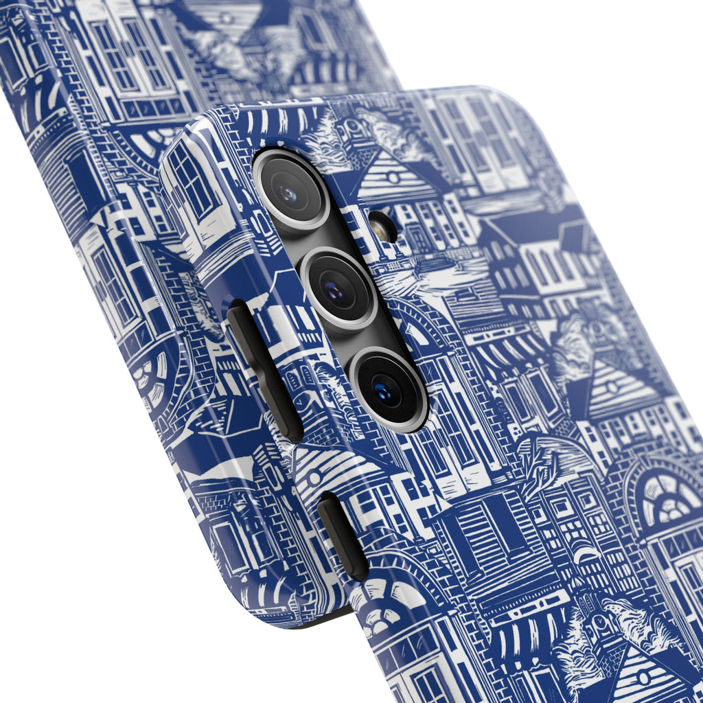 Doorway Cottage Pattern Tough Phone Case — Blue Architectural Houses Protective Cover