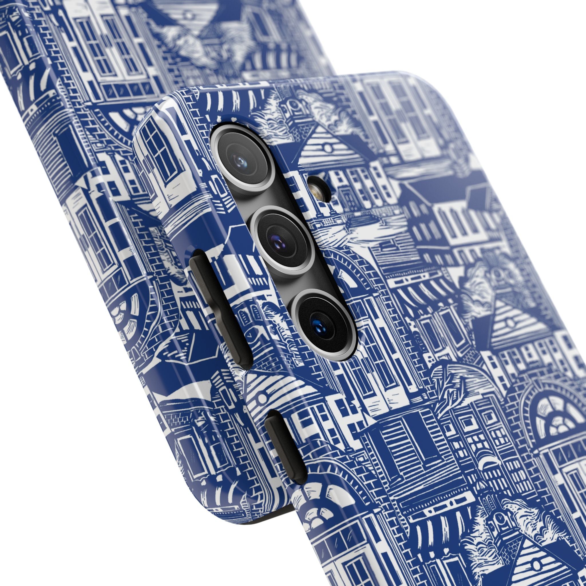 Doorway Cottage Pattern Tough Phone Case — Blue Architectural Houses Protective Cover
