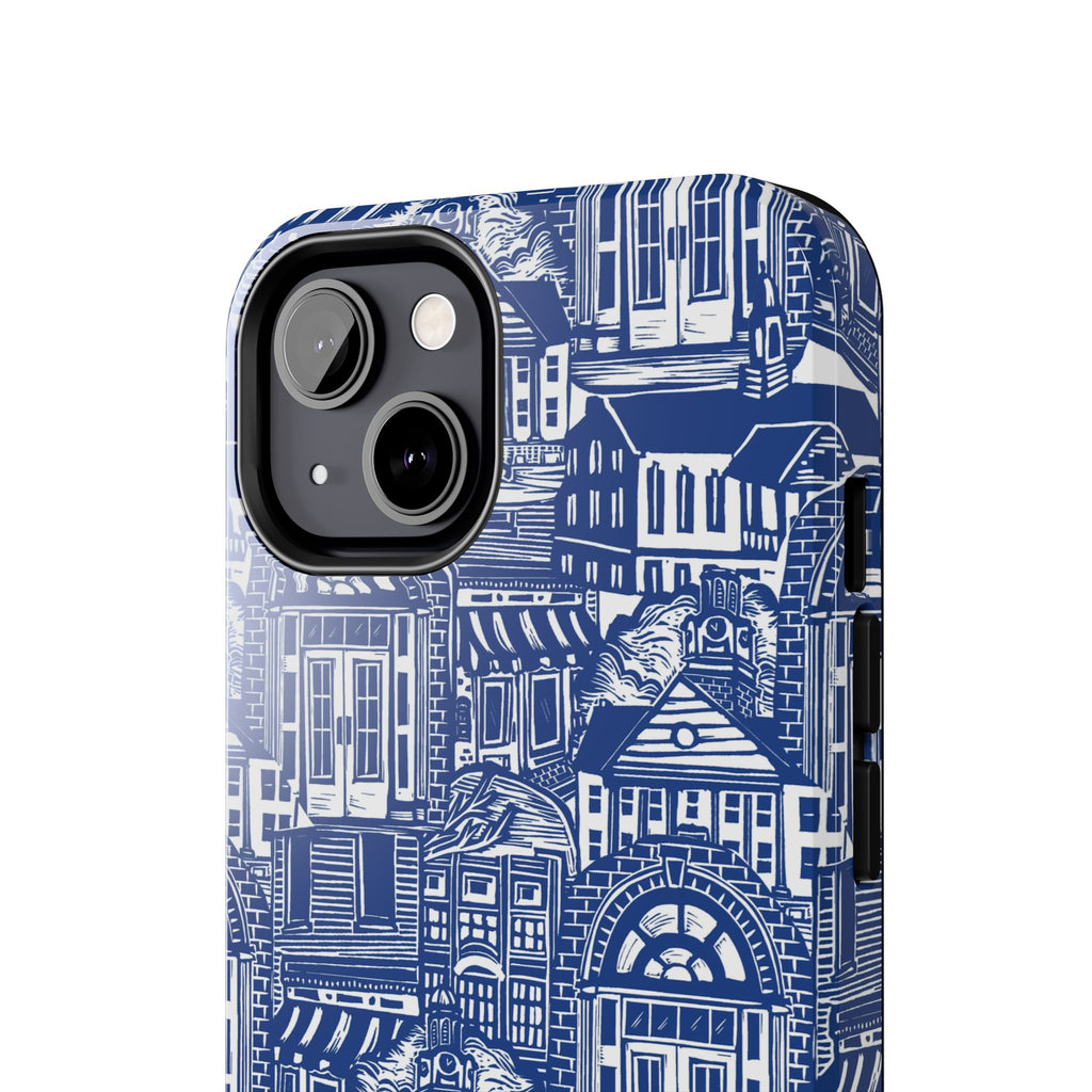 Doorway Cottage Pattern Tough Phone Case — Blue Architectural Houses Protective Cover