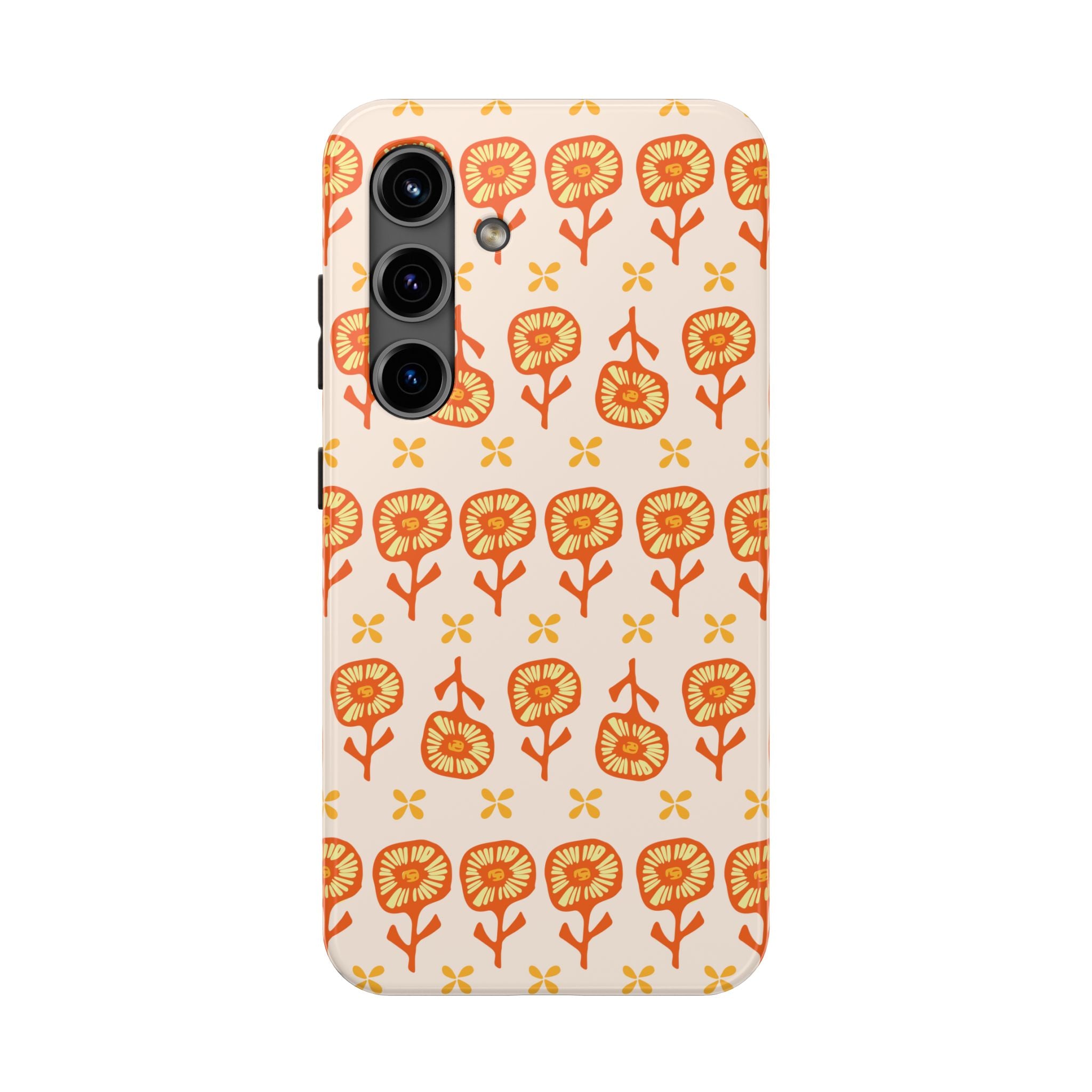 Retro Orange Floral Tough Phone Case — Durable Protective Phone Cover