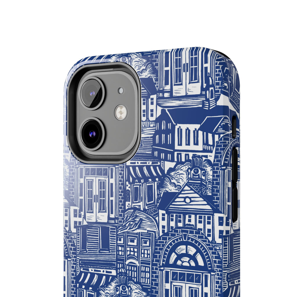 Doorway Cottage Pattern Tough Phone Case — Blue Architectural Houses Protective Cover
