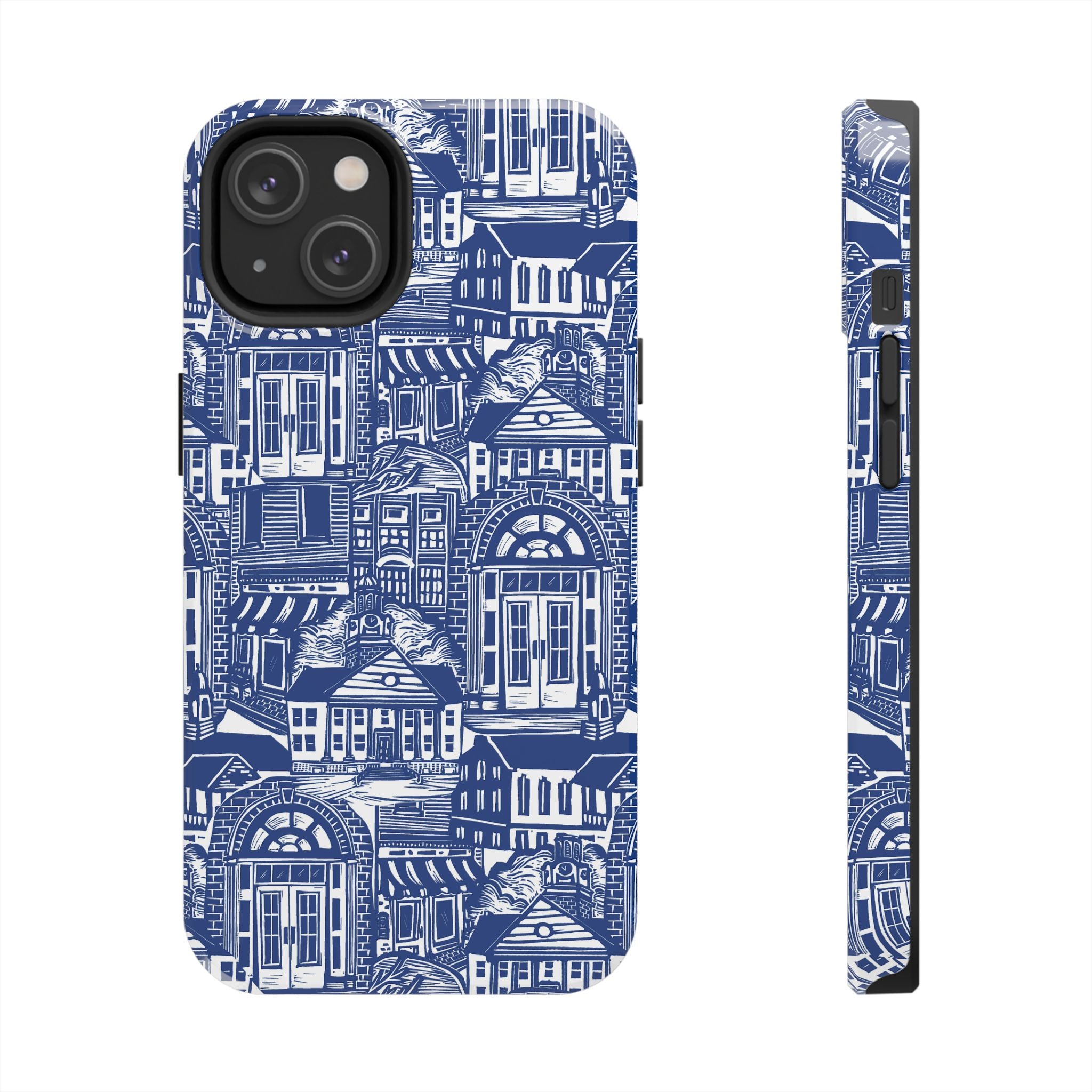 Doorway Cottage Pattern Tough Phone Case — Blue Architectural Houses Protective Cover